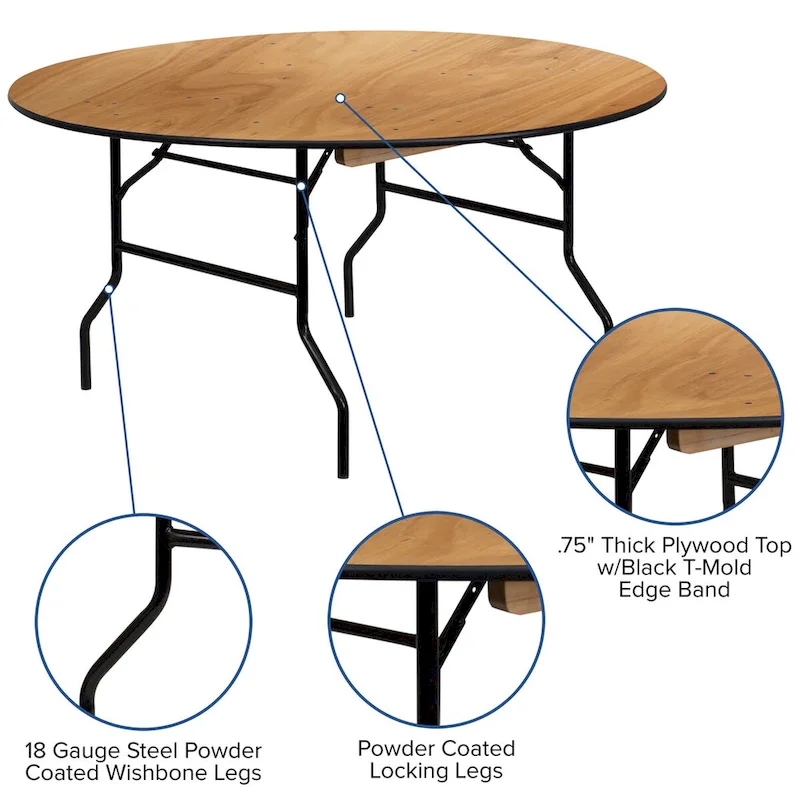 60-inch Round Wood Folding Banquet Table with Finished Top