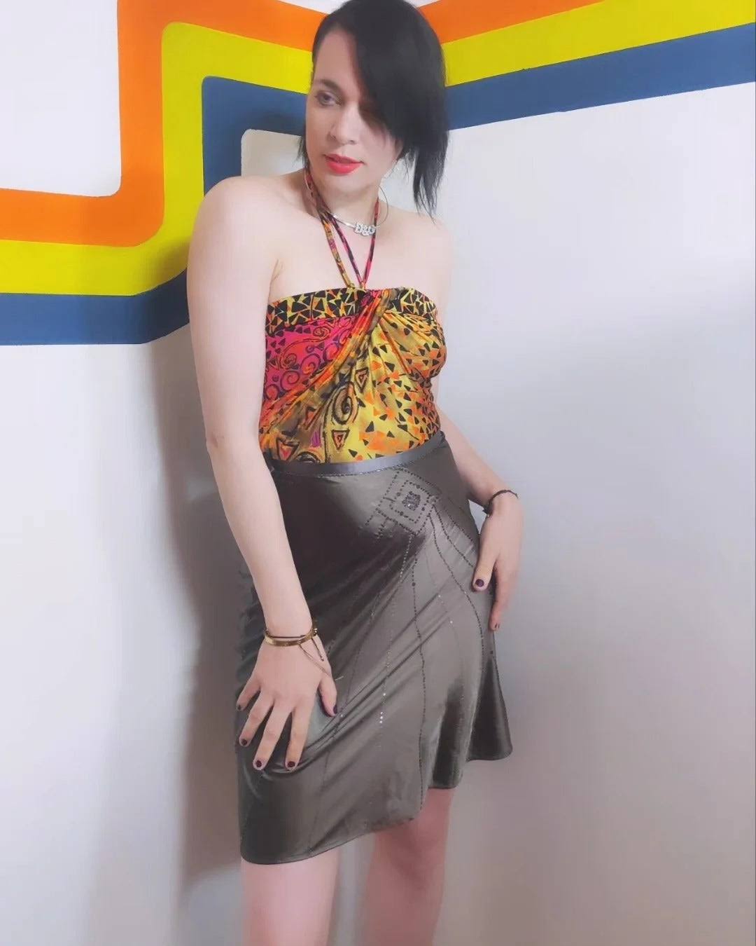 Vintage Patterned Halter Dress Bronze Skirt