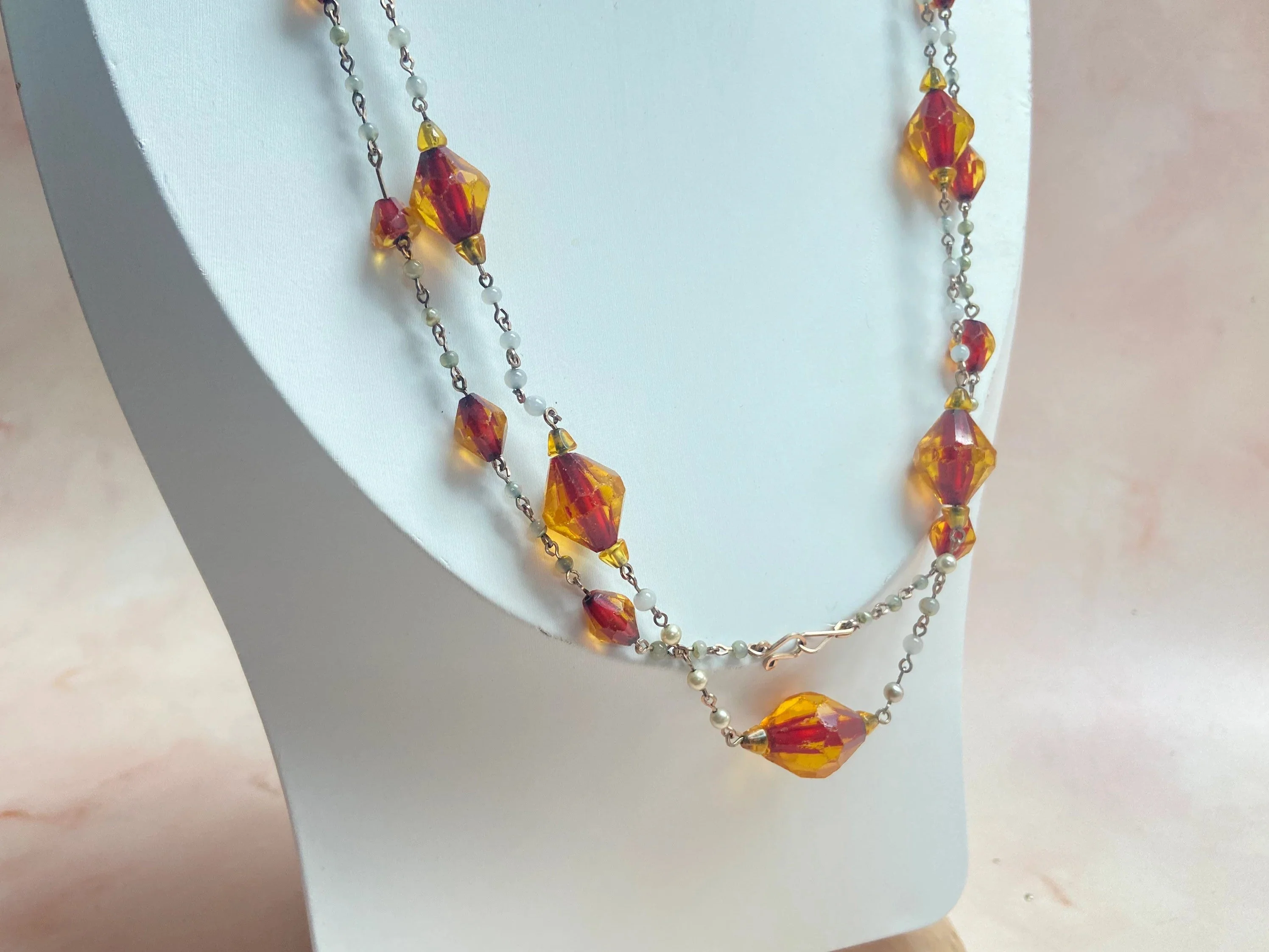 1930s Fire Glass Bicone Long Flapper Necklace