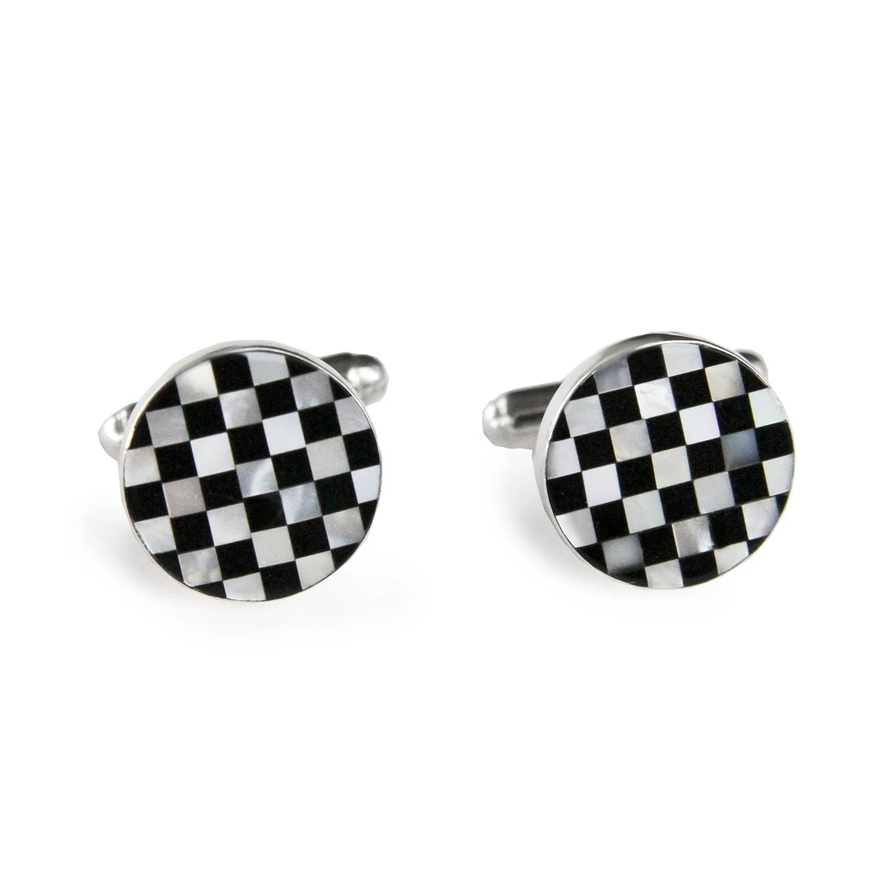 Round Black & White Small Check Inlay Cufflinks, Sterling Silver