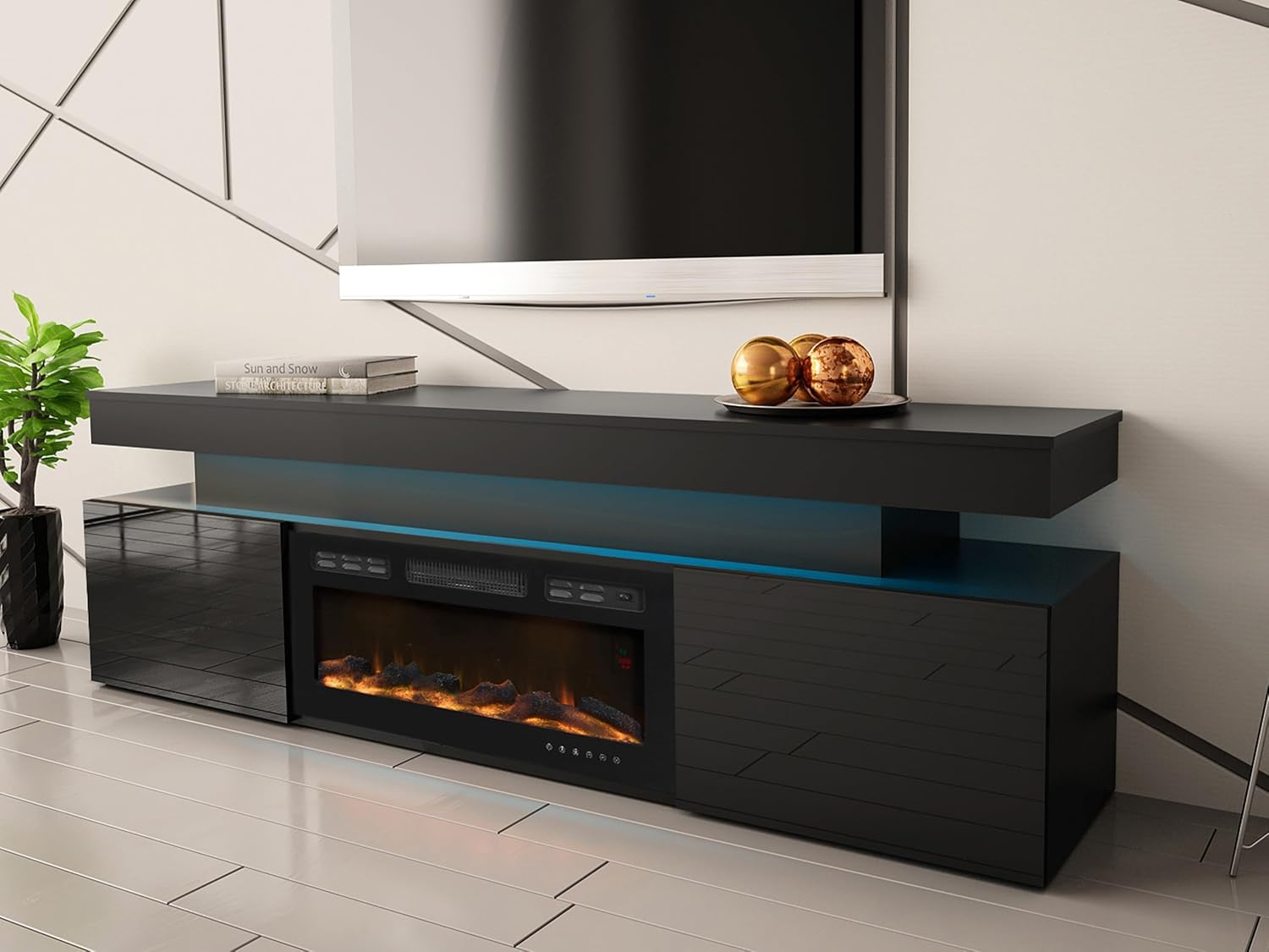 Mirjan24 TV Schrank Serkuzo EF 2D mit Elektrischem Kamin, Praktischer Fernsehschrank, TV Lowboard mit Grifflose Öffnen, Realistische LED-Flamme (Schwarz/Schwarz Hochglanz)
