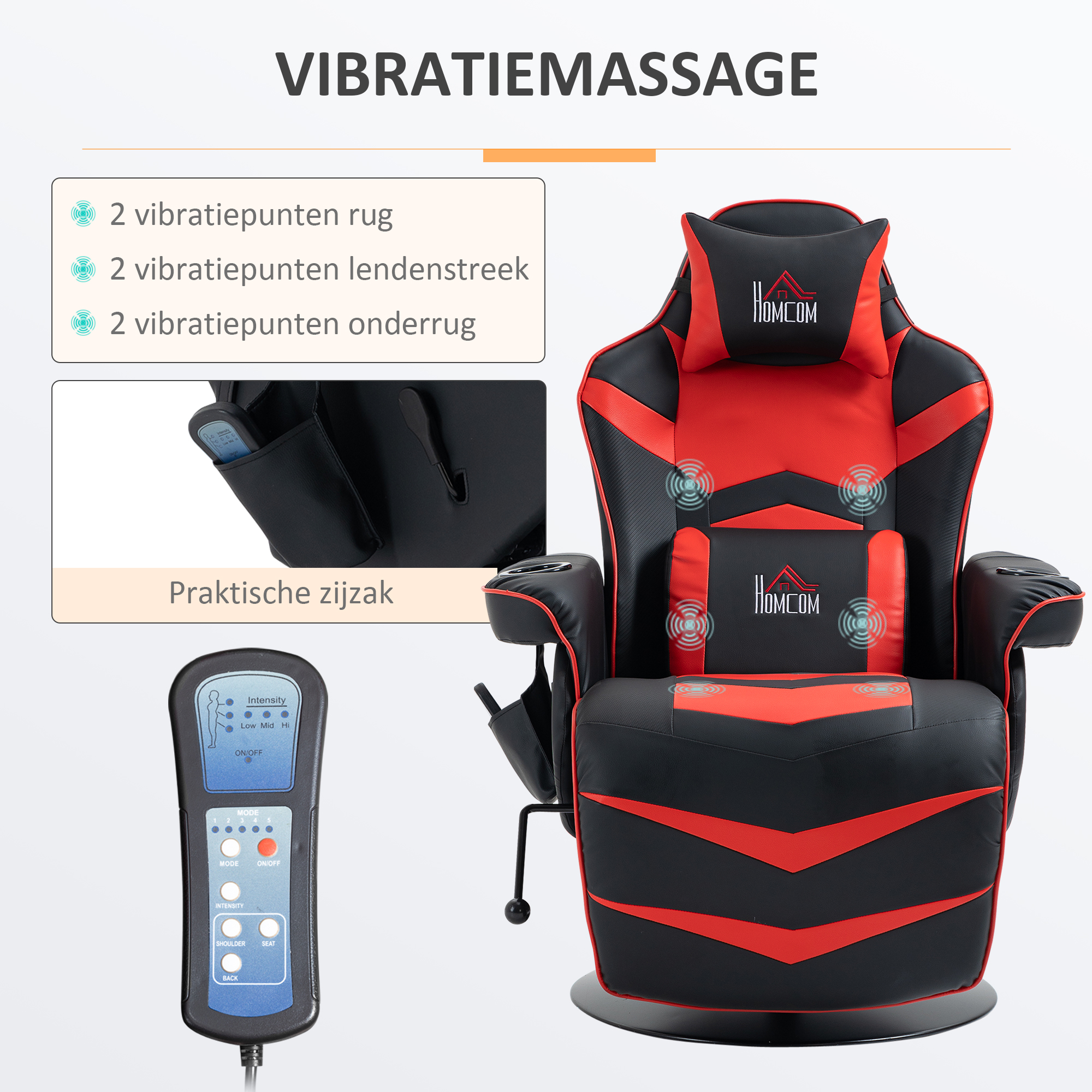 HOMCOM Gaming-stoel met massagefunctie, inclusief voetensteun, ligfunctie, rood + zwart.