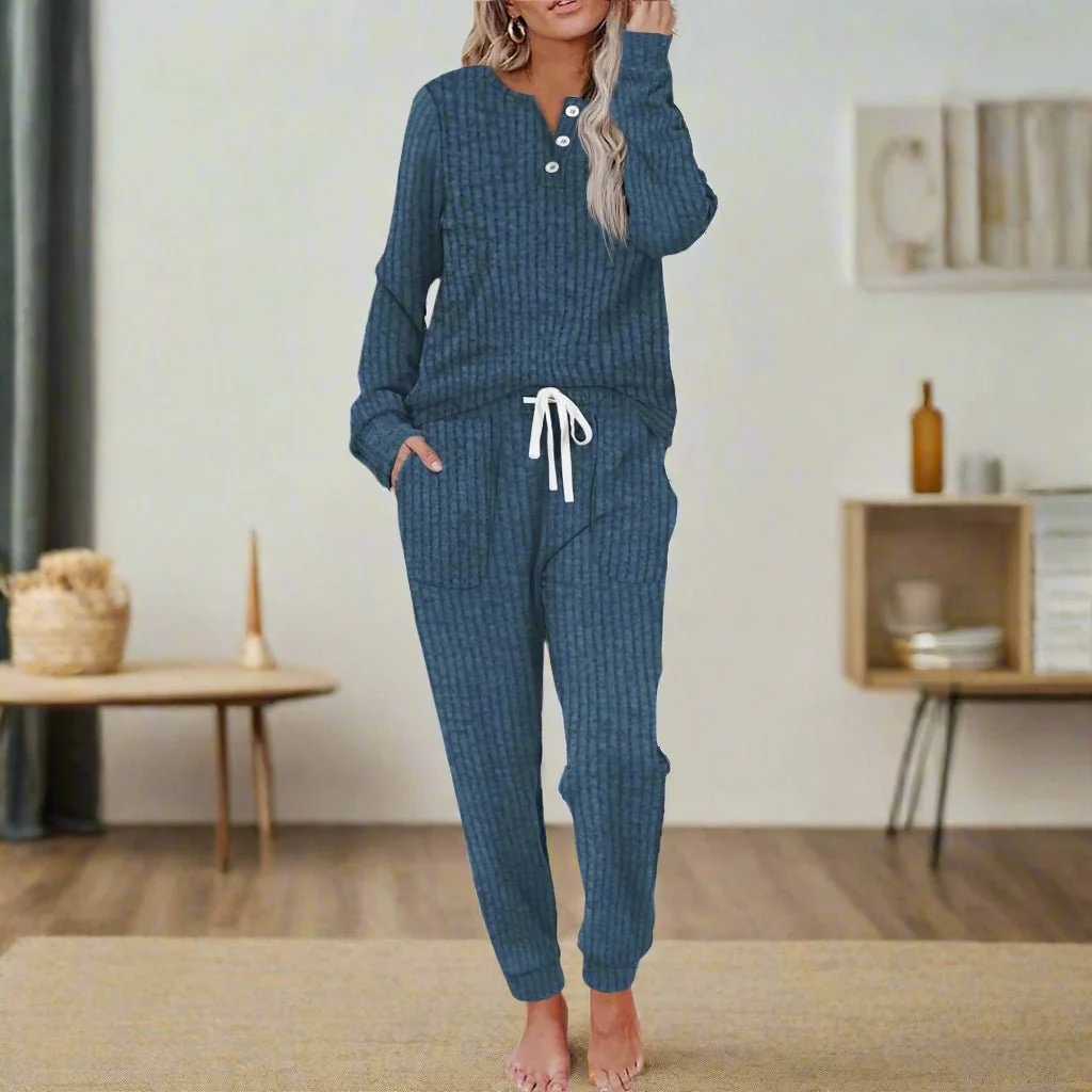 Women��s Ribbed Two-Piece Loungewear Set with Button-Neck Long Sleeve