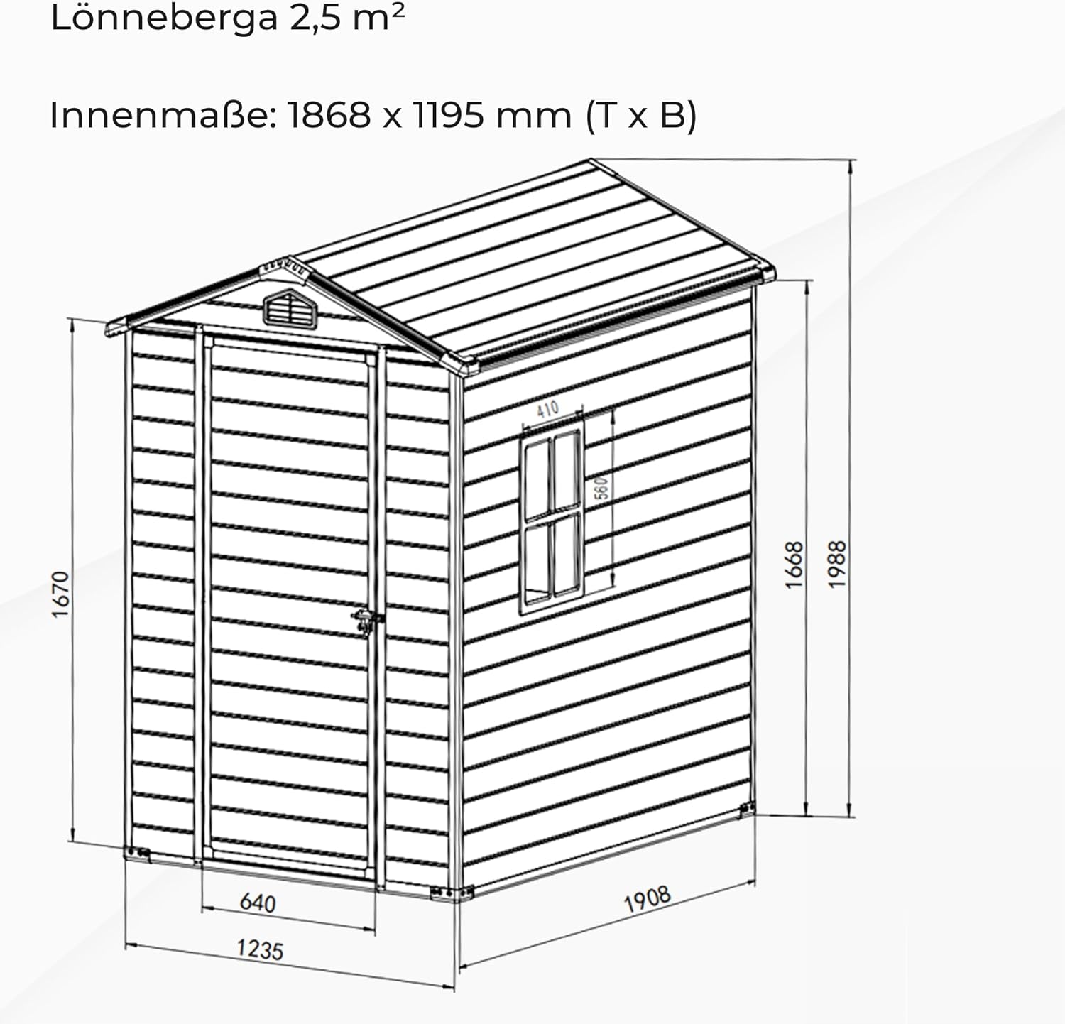 Gartenhaus Lönneberga 2,5m² Kunststoff | Polypropylen (PP) Geräteschuppen witterungsbeständig 124 x 191 x 167/199 cm (B x T x H) grau