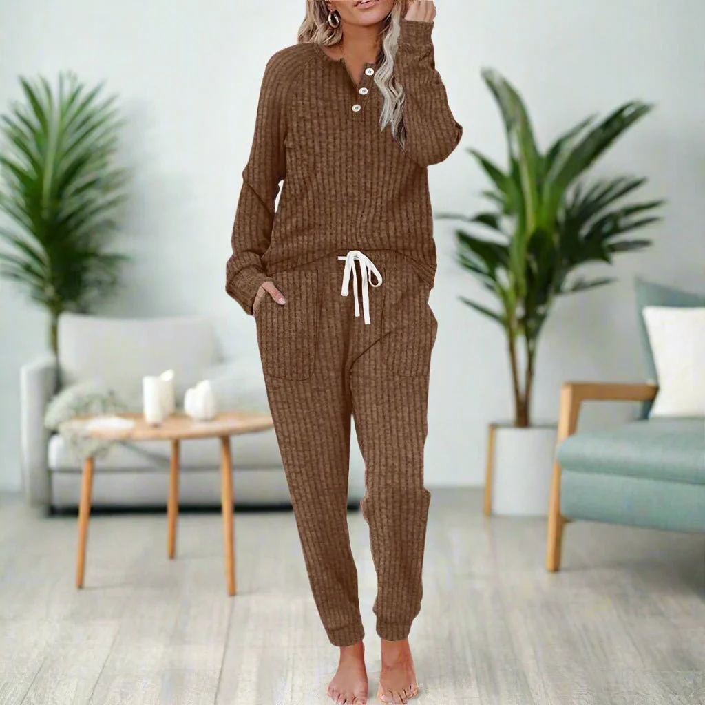 Women��s Ribbed Two-Piece Loungewear Set with Button-Neck Long Sleeve