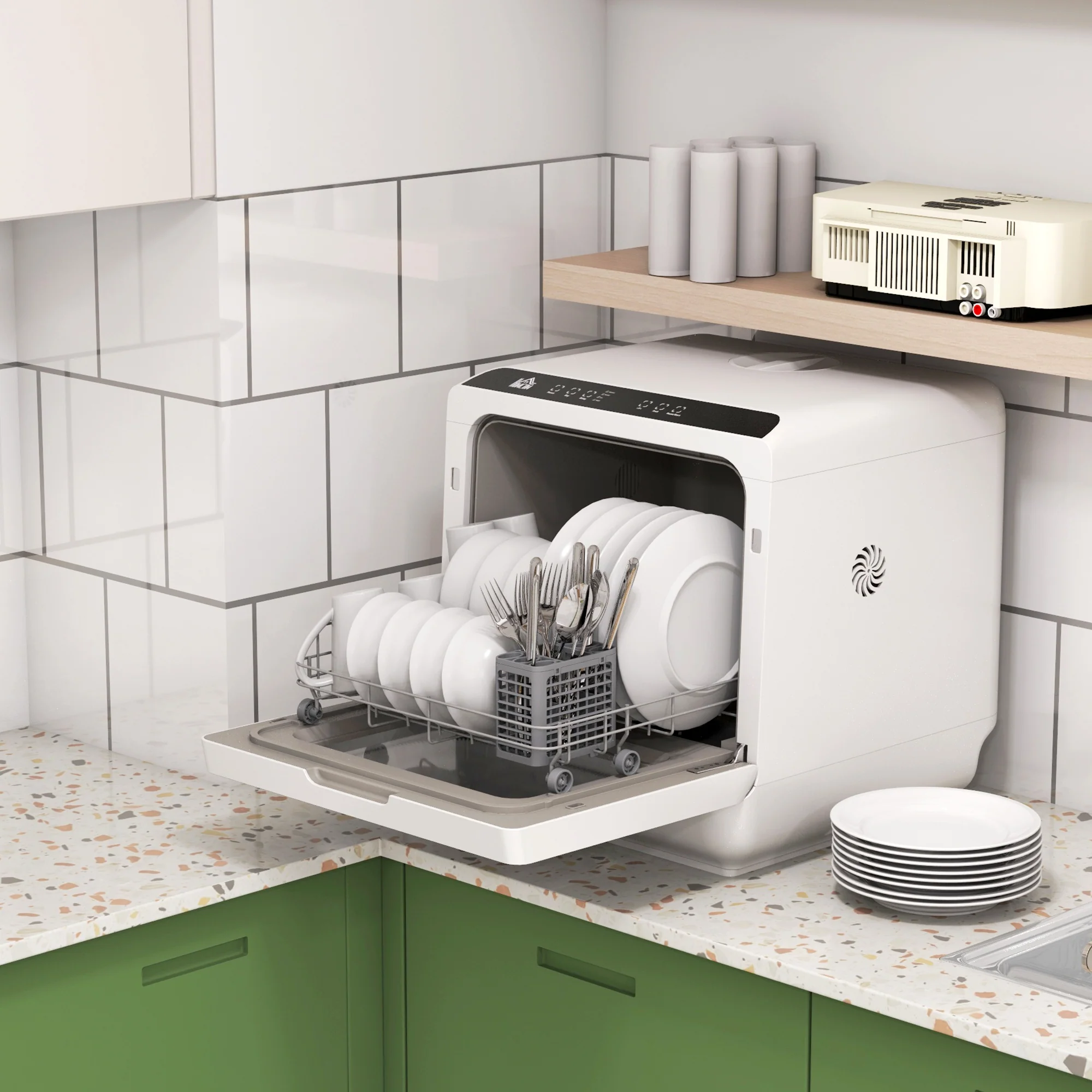 HOMCOM Compacte Tafelvaatwasser, 4 Couverts, Droogmodus, 6L Tank/Kraan, Startuitstel, LED, Wit