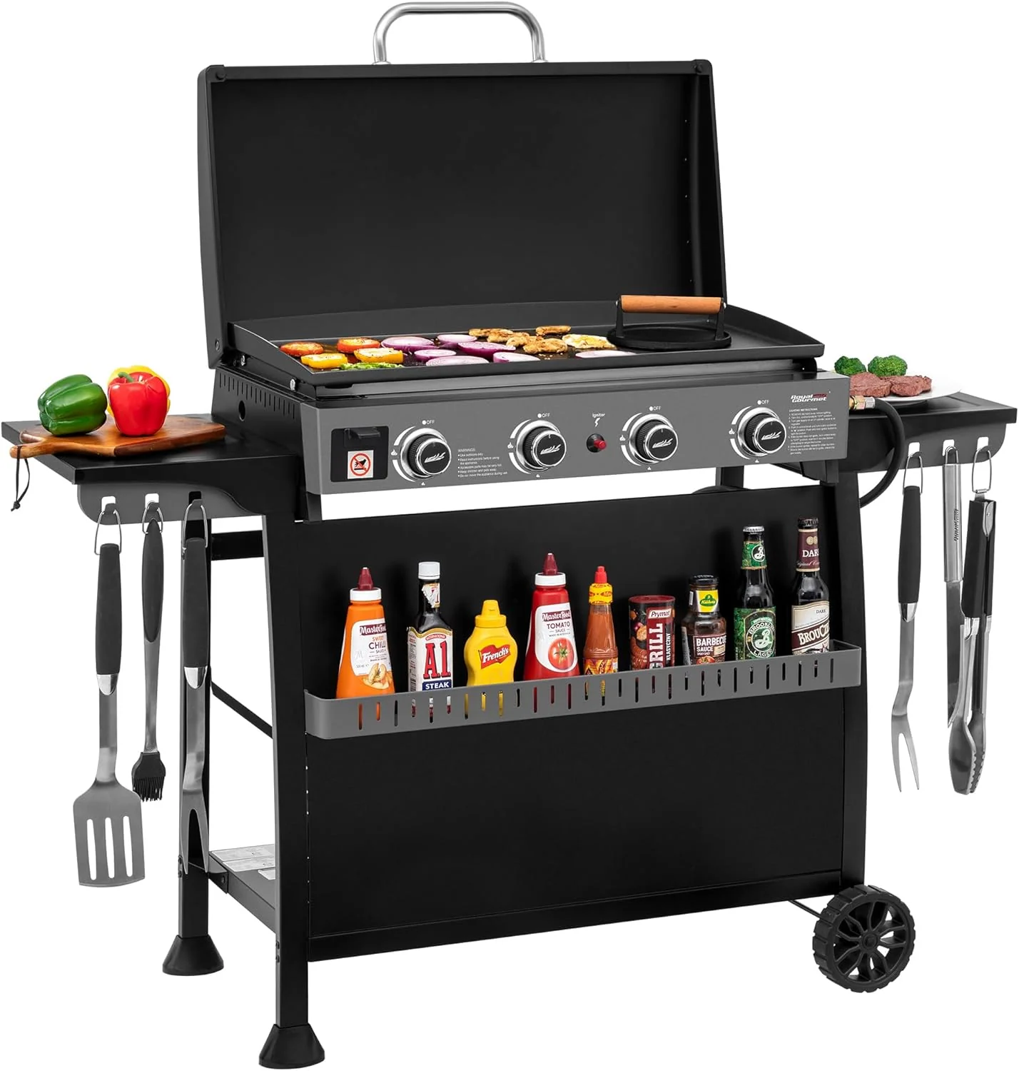 Royal Gourmet PD4001 4 égős propángázas lapos sütő kivehető állvánnyal, asztali kialakításra átalakítható, lapos grill tetővel kempingezéshez, tailgate partykhoz, háztáji használatra, fekete