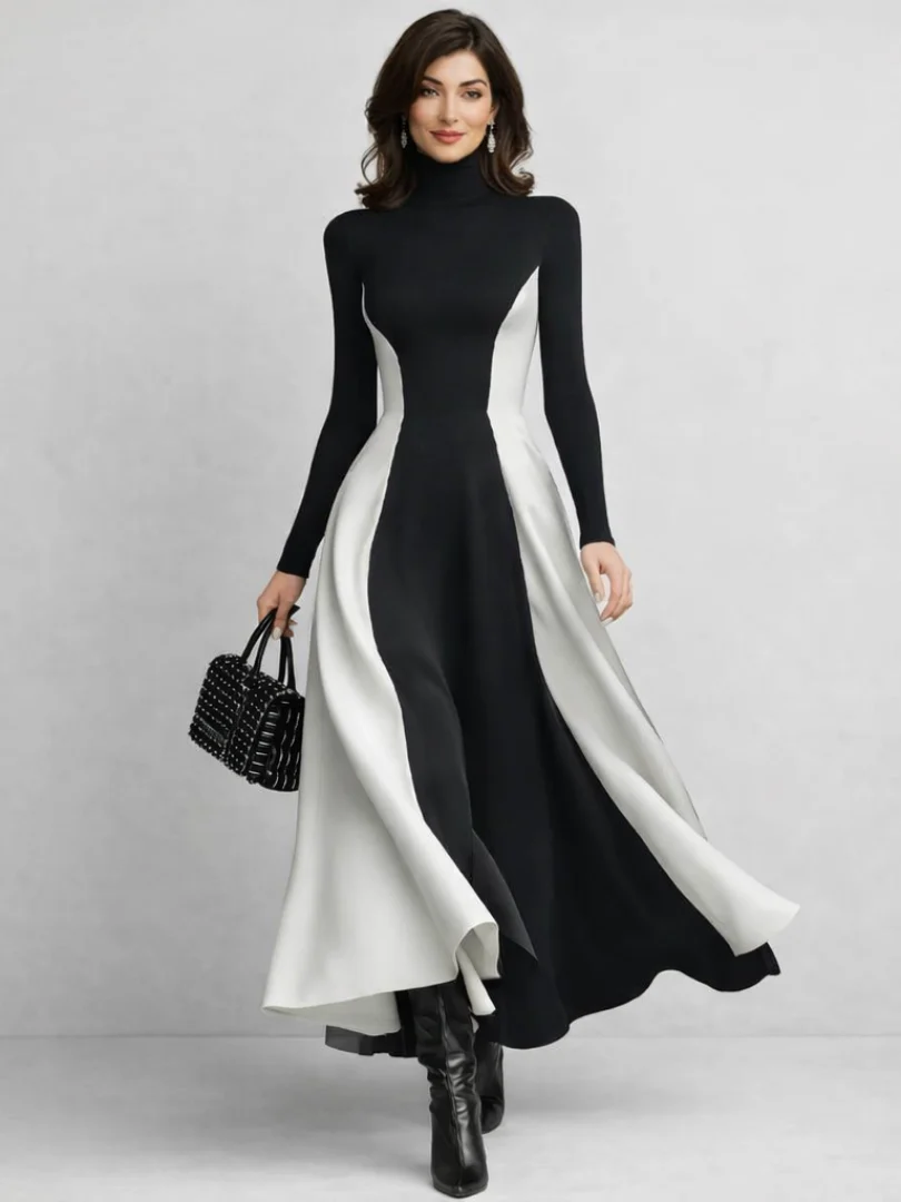Women��s Black Maxi Dress Sculpted Turtleneck Design