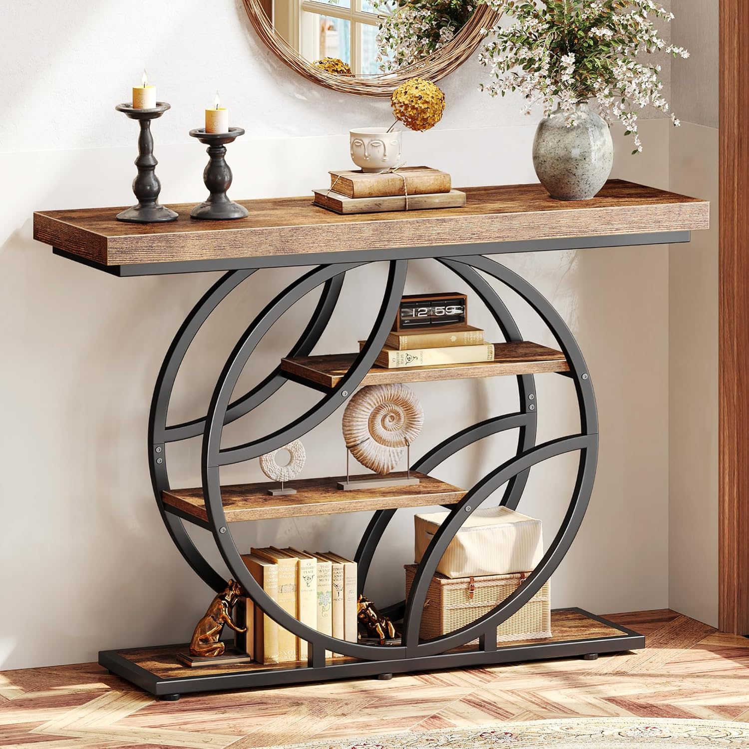 Huuger Modern Console Table, 41.3 Inch Sofa Table with Artistic Curved Metal Frame, Narrow Entryway Table for Hallway, Living Room, Behind Couch, Rustic Brown