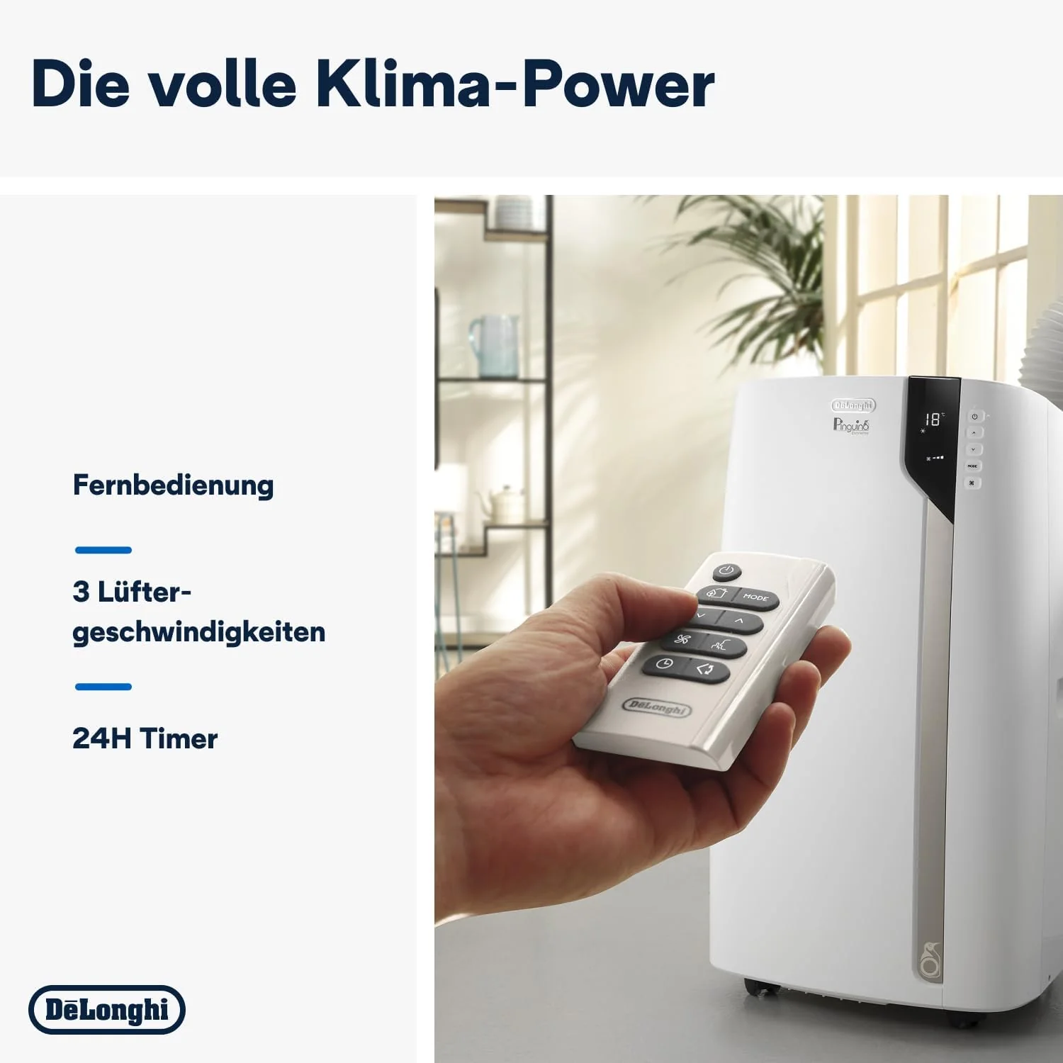 De'Longhi Pinguino PAC EM82, Condizionatore Portatile per ambienti fino a 80 m³, 9.400 BTU, 2,4 kW, 63 dB, Funzione Deumidificatore, Classe Energetica A, Timer 24h, Bianco