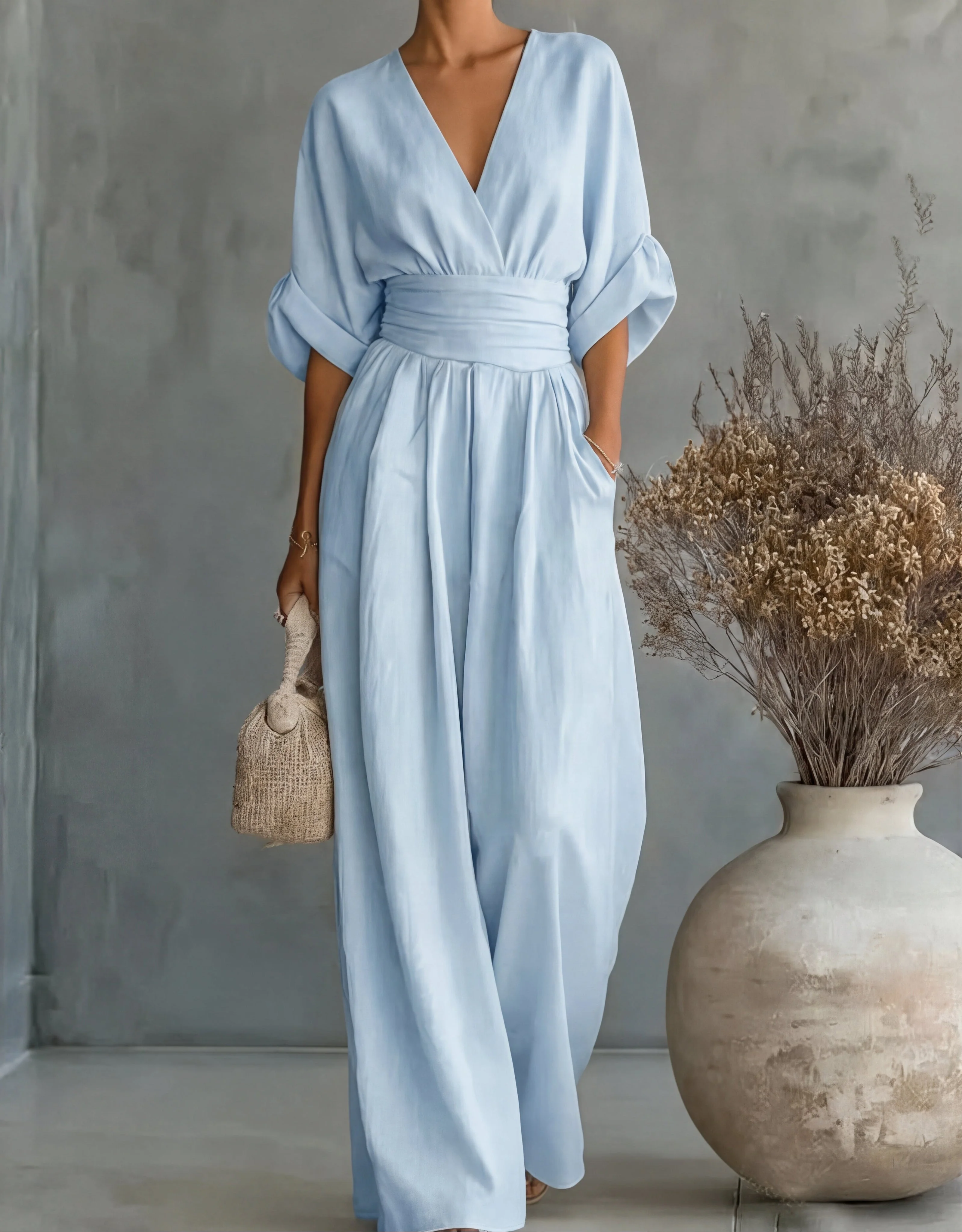 Women��s Elegant Wide-Leg Jumpsuit Wrap-Style Design