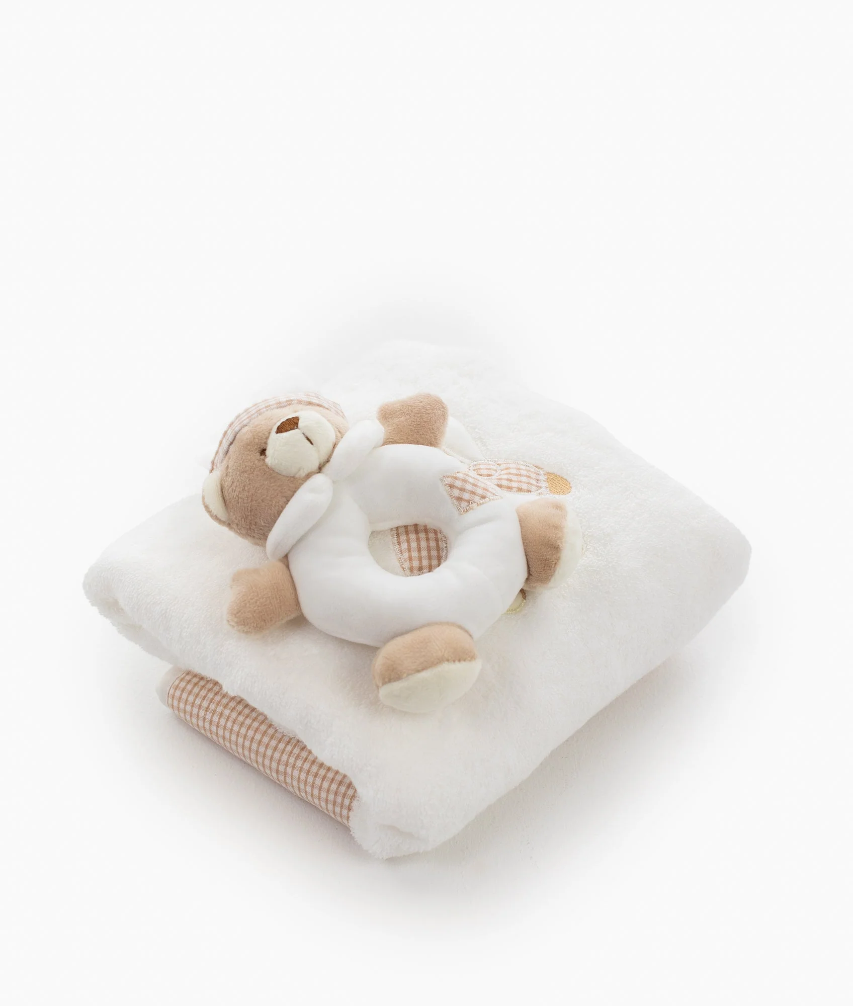 Bath Towel & Rattle Set | White & Beige