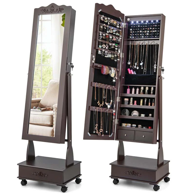 Standing Jewelry Armoire with Full-Length Mirror, Drawers, Lights & Wheels, Lockable Mirror Jewelry Cabinet Storage Organizer