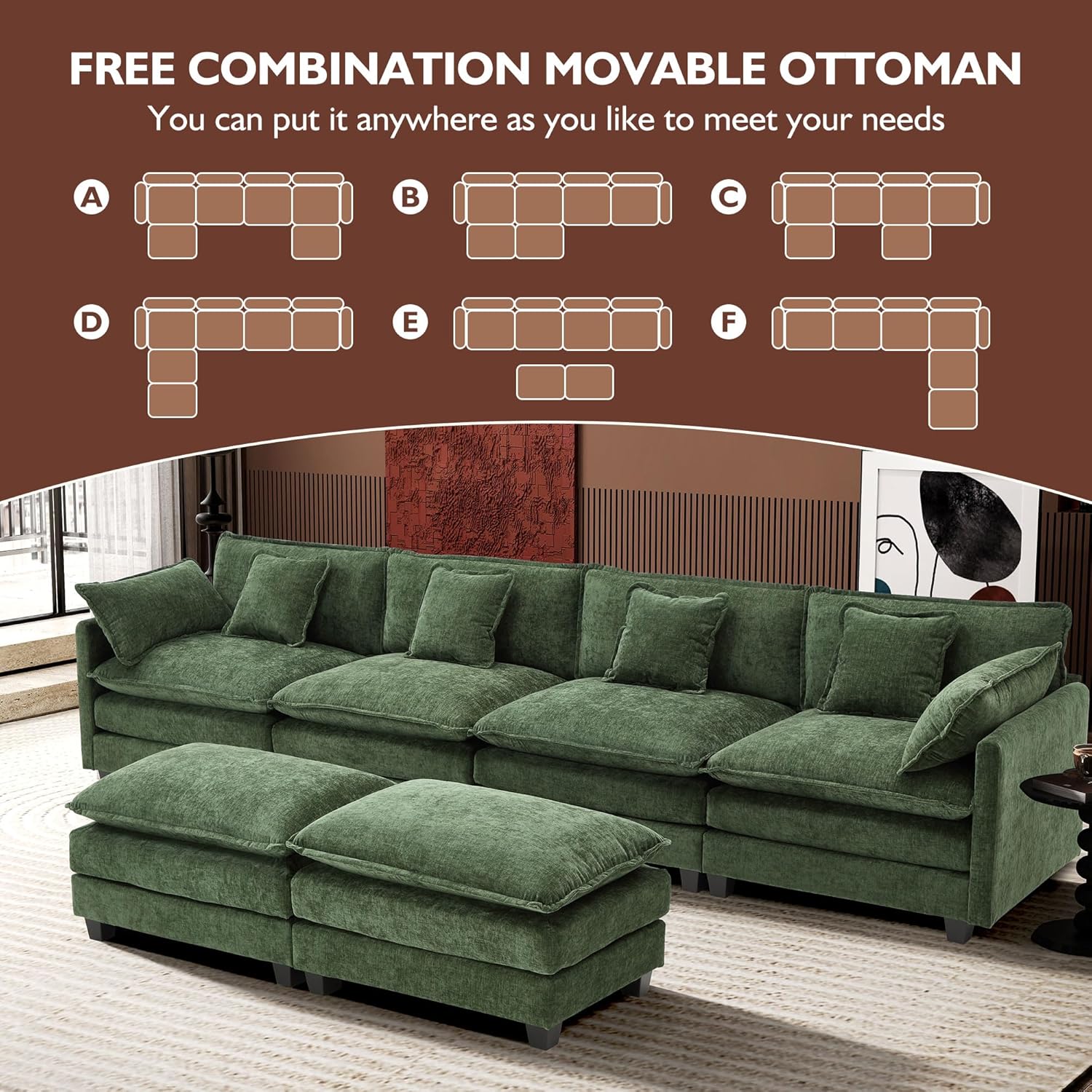 111.4 Inch L-Shaped Modern Sofa Modular Cloud Sofa Ottoman 4-Seater Chenille Deep Seat Sofa
