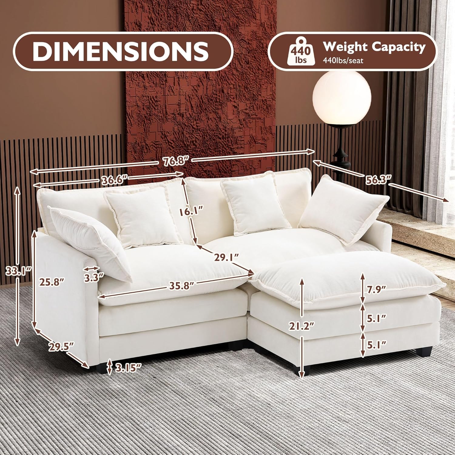 111.4 Inch L-Shaped Modern Sofa Modular Cloud Sofa Ottoman 4-Seater Chenille Deep Seat Sofa