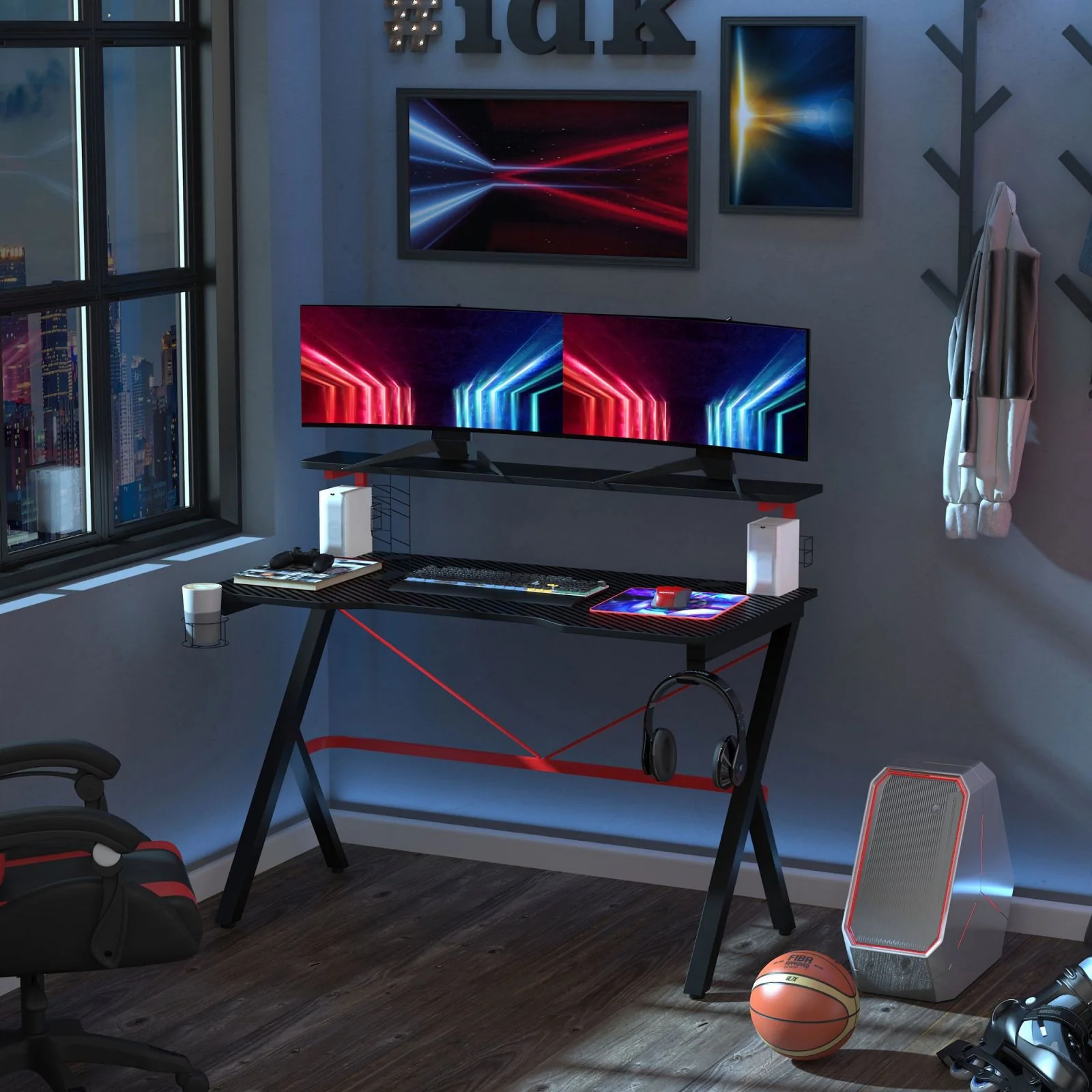Easycomfort Scrivania da Gaming con Ripiano Monitor, Scrivania per Computer Porta PC con Gancio e Portabicchieri Nera e Rossa, 120x60x97cm