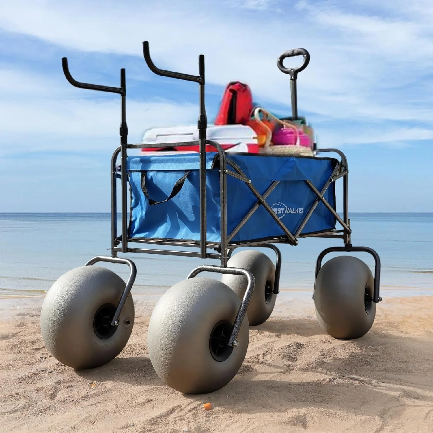 Beach cart with 13-inch balloon wheels, chair brackets and pump included