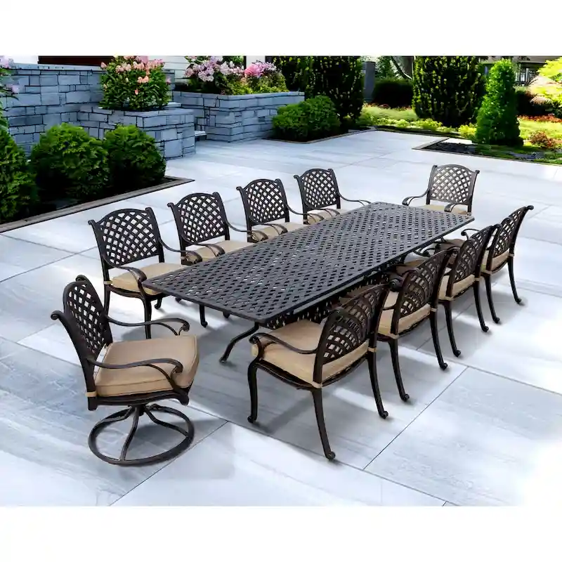 Nassau 11-Piece Patio Dining Set (with 2 Swivel Rockers) and 42 x 92 / 42 x 120  Rectangular Extension Dining Table