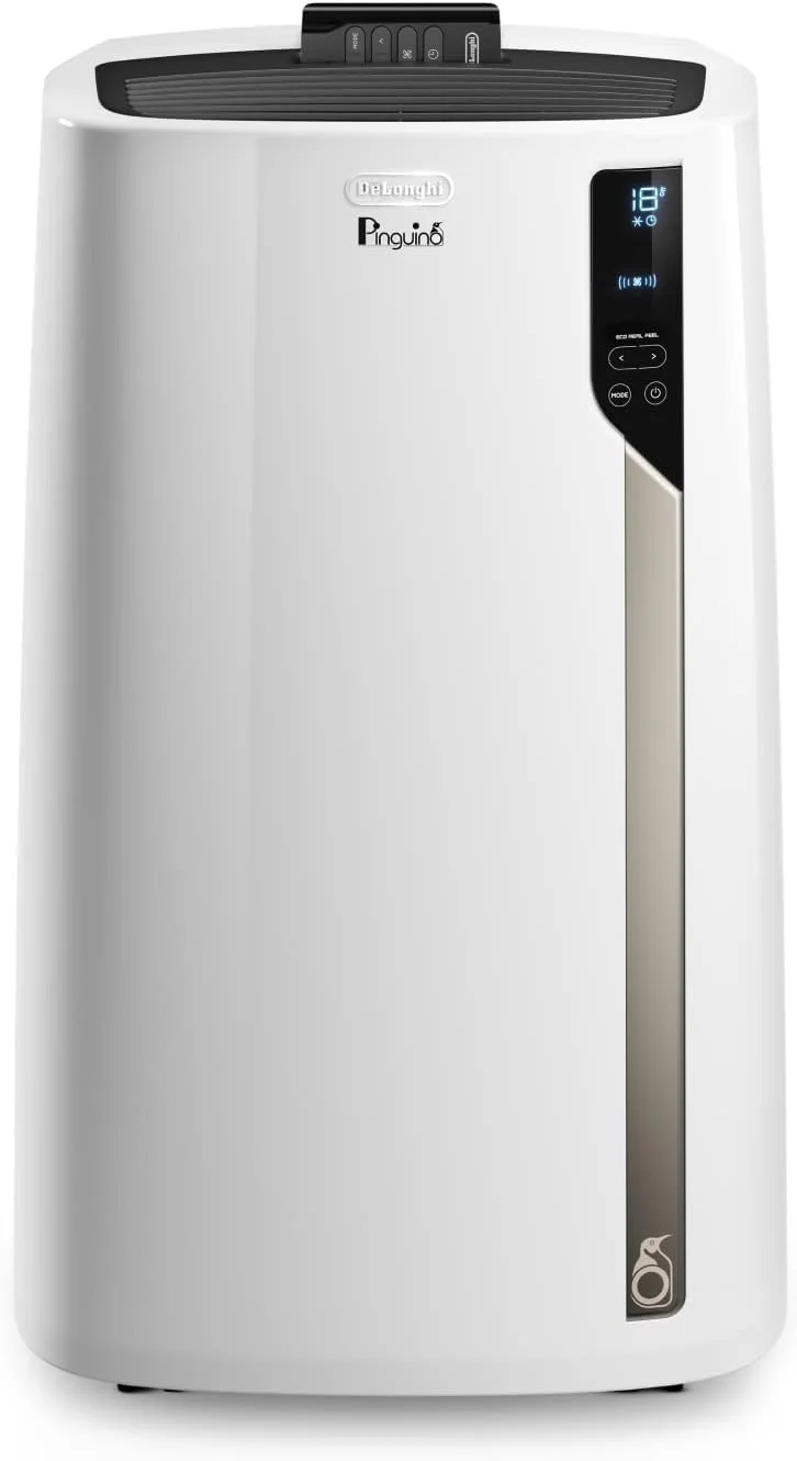 De'Longhi Pinguino PAC EM82, Condizionatore Portatile per ambienti fino a 80 m³, 9.400 BTU, 2,4 kW, 63 dB, Funzione Deumidificatore, Classe Energetica A, Timer 24h, Bianco