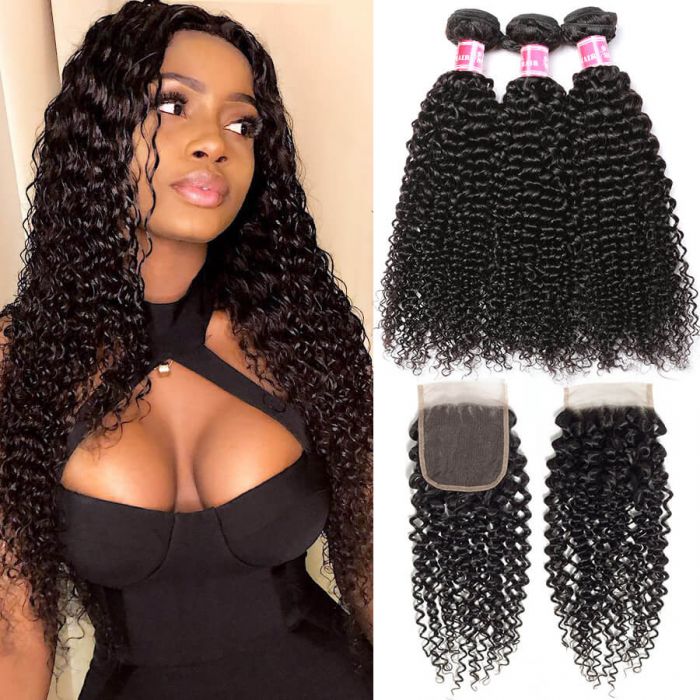 Unprocessed Curly Virgin Hair 3 Bundles With 4*4 Lace Closure Free Par 100% Human Hair