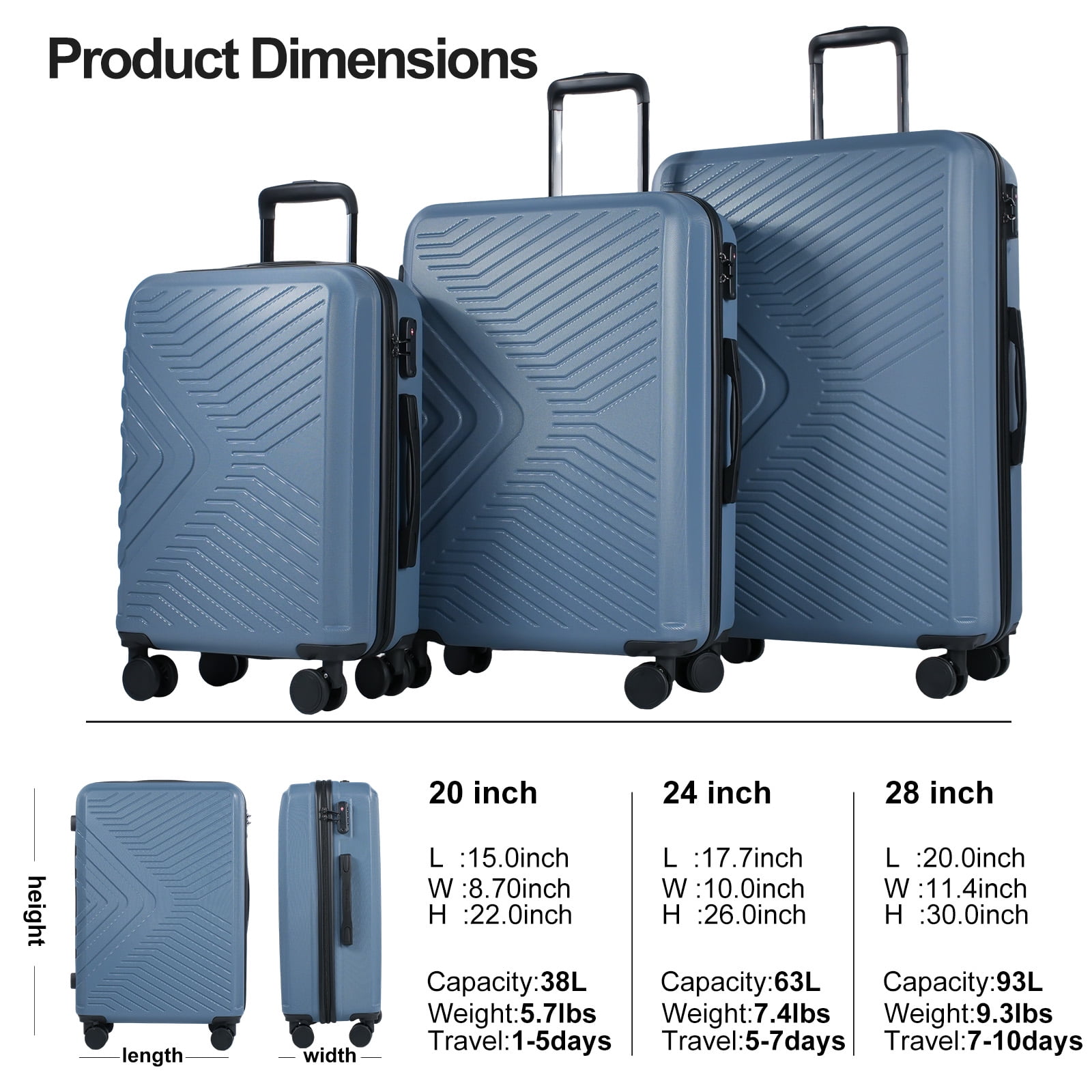 Travelhouse 3 Piece Hardshell Luggage Set Hardside Lightweight Suitcase with TSA Lock Spinner Wheels 20in24in28in.