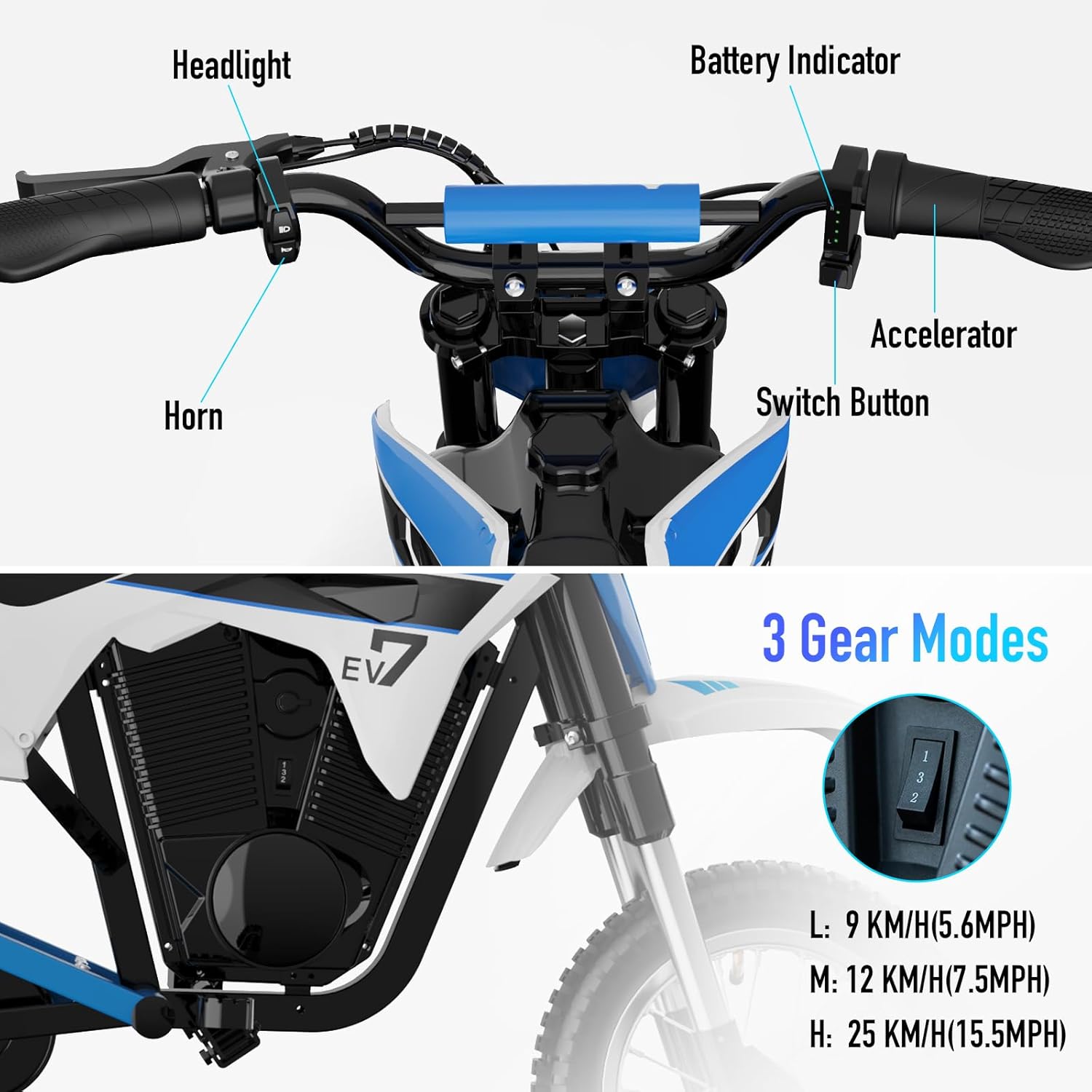 EVERCROSS EV12M Elektro Motorrad Kinder, Elektromotorrad mit 300W Motor, 8/12/25 KMH Geschwindigkeitsmodus, 15KM Lange Reichweite, 12 Zoll Luftreifen, Moto Cross für Kinder von 3–12 Jahren