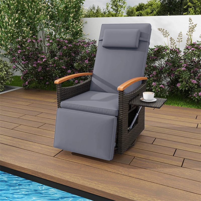 Outdoor Rattan 360° Swivel Recliner Chair, Patio Wicker Chaise Lounge Chair with Adjustable Backrest & Footrest, Flip Side Table & Cushions