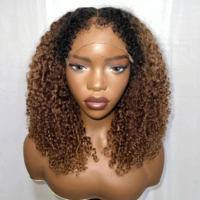 350% Ultra Dense Ombre Brown 4C Edges Hairline Kinky Curly Wig Pre Bleached Pre Plucked Quality Glueless Lace Front Human Hair Wig For Black Women