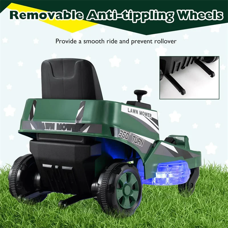 12V Kids Ride-On Lawn Mower with 360° Twist & Turn, Dual Control Sticks, LED Lights, Toddler Electric Car Toy for Boys & Girls Aged 3-8