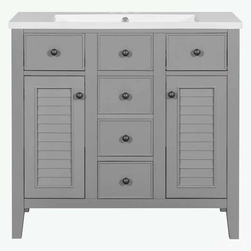 Bathroom Vanity with Ceramic Basin, Two Cabinets and Five Drawers