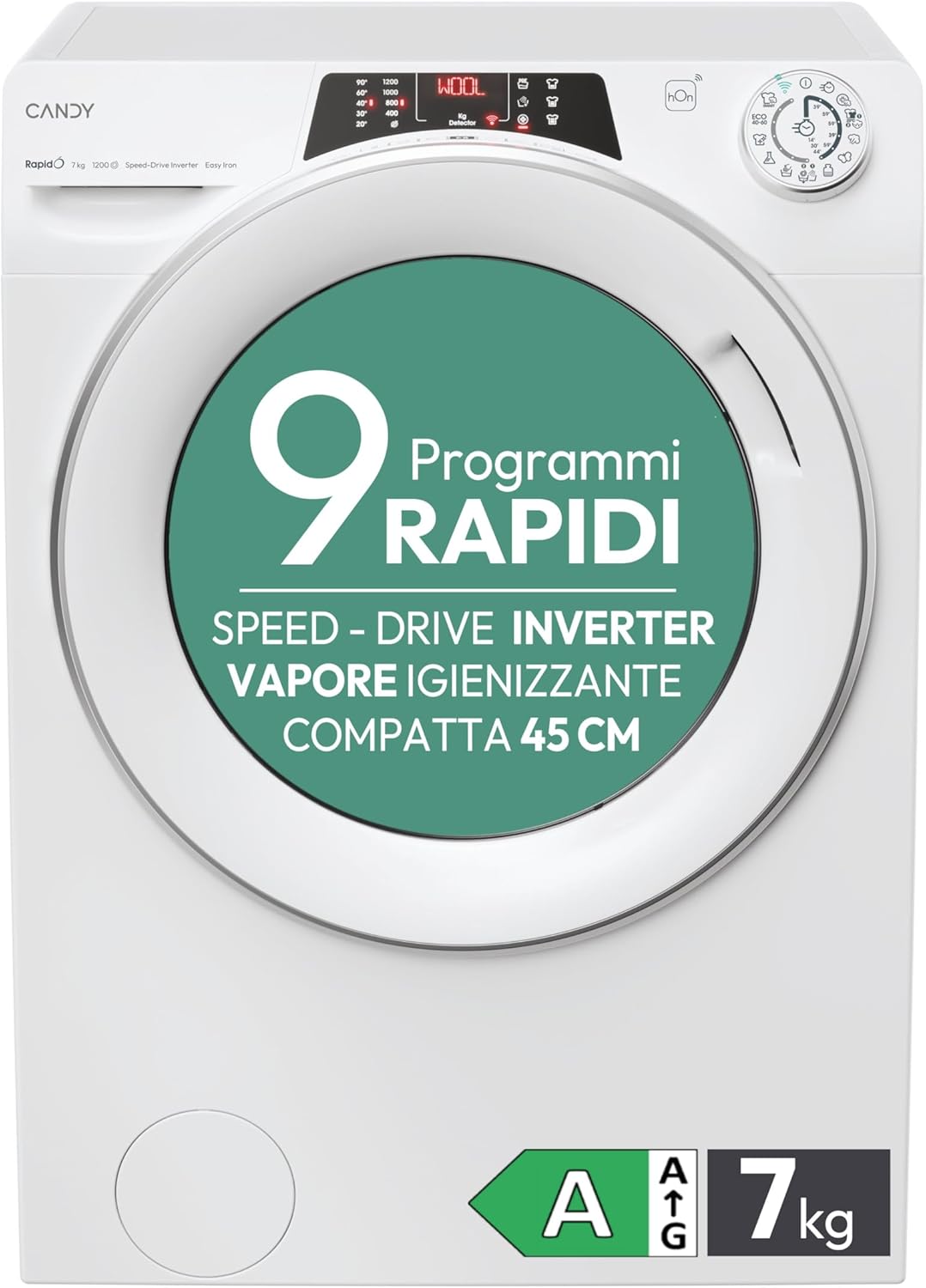 Candy Rapidó Lavatrice 9 Kg, Libera Installazione, Carica Frontale, Classe A, 1400 Giri, 9 Programmi Rapidi, Funzione Vapore, Wi-Fi + BLE e App hOn, 60 x 53 x 85 cm, Bianca - RO 1494DWMT/1-S