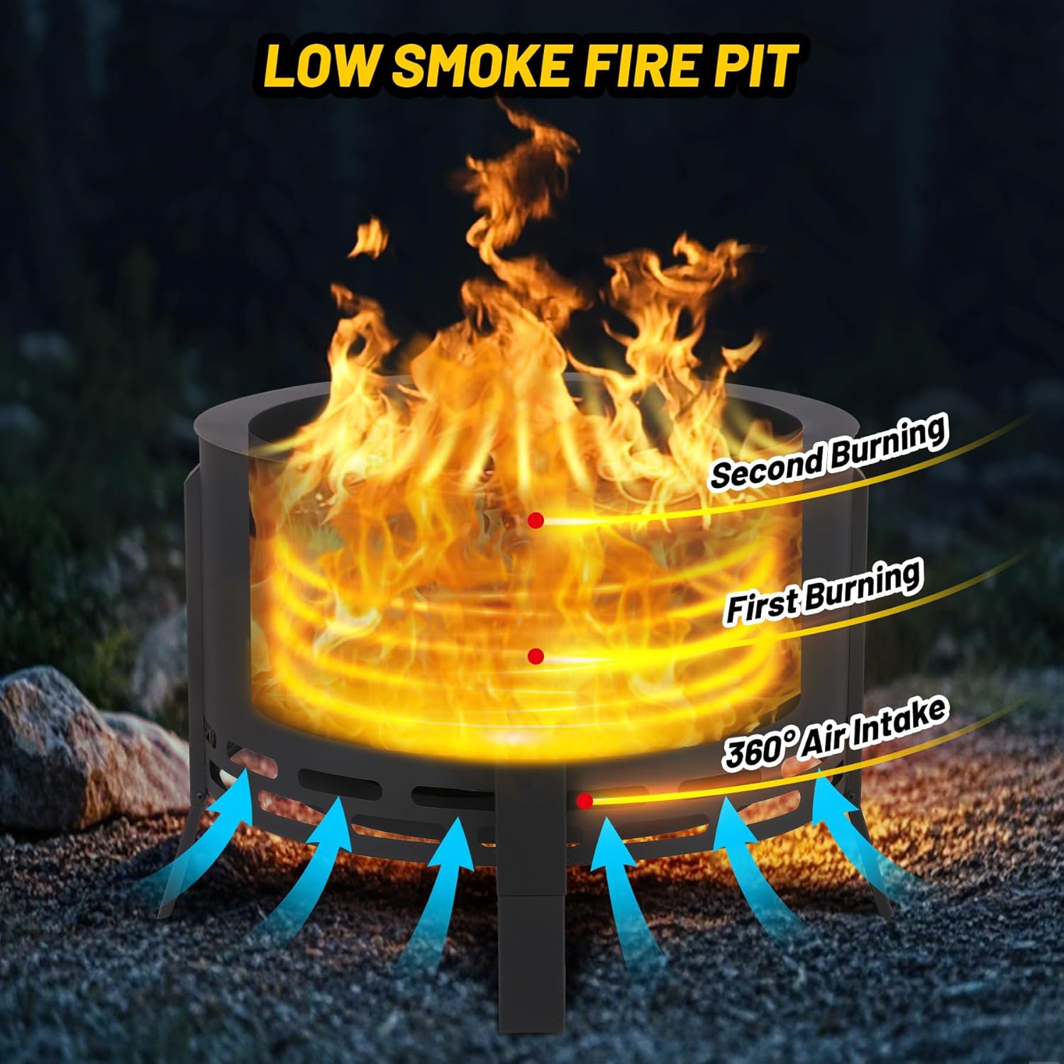 Garvee 26 in Smokeless Fire Pit with Ash Tray Base, Smokeless Outdoor Fire Pits with Adjustable Foot&Fire Poker,Firepit with Dust Bag, Outdoor Firepits for BBQ, Bonfire, Camping