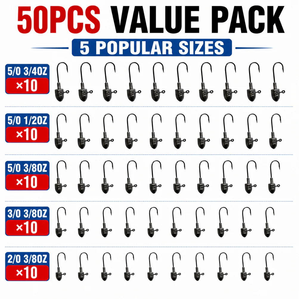 MasterPro 50PCS Jig Head Value Pack �?5 Popular Sizes Reef Fishing| Bonus Tackle Box | Australian Waters Ready
