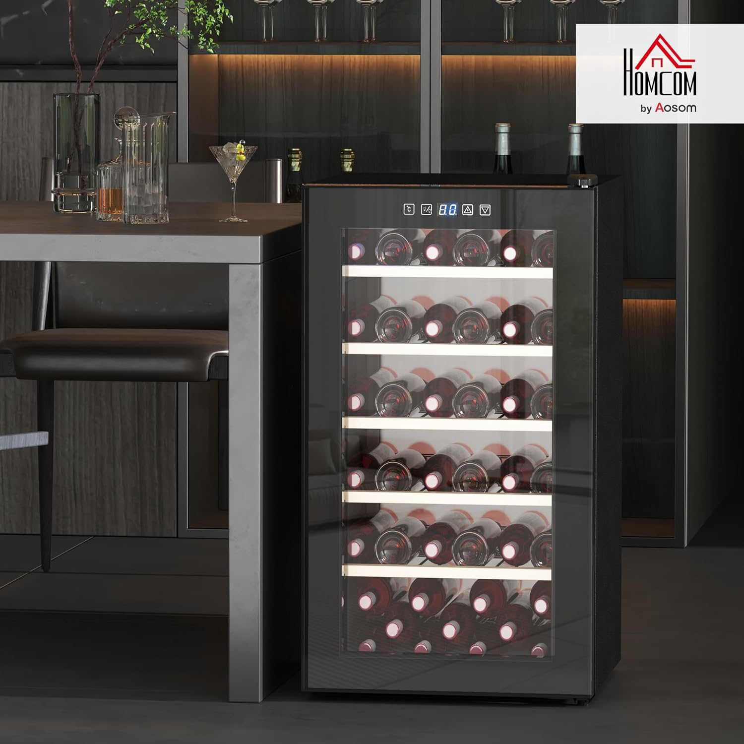 HOMCOM Cantinetta Vino Refrigerata 41 Bottiglie 91L Cantina Vino Silenziosa Temperatura Regolabile 5-20℃ Frigo Vino Bar con Vetro Anti UV, Ripiani, Compressore, Display Touch, Luci LED, Classe G, Nera
