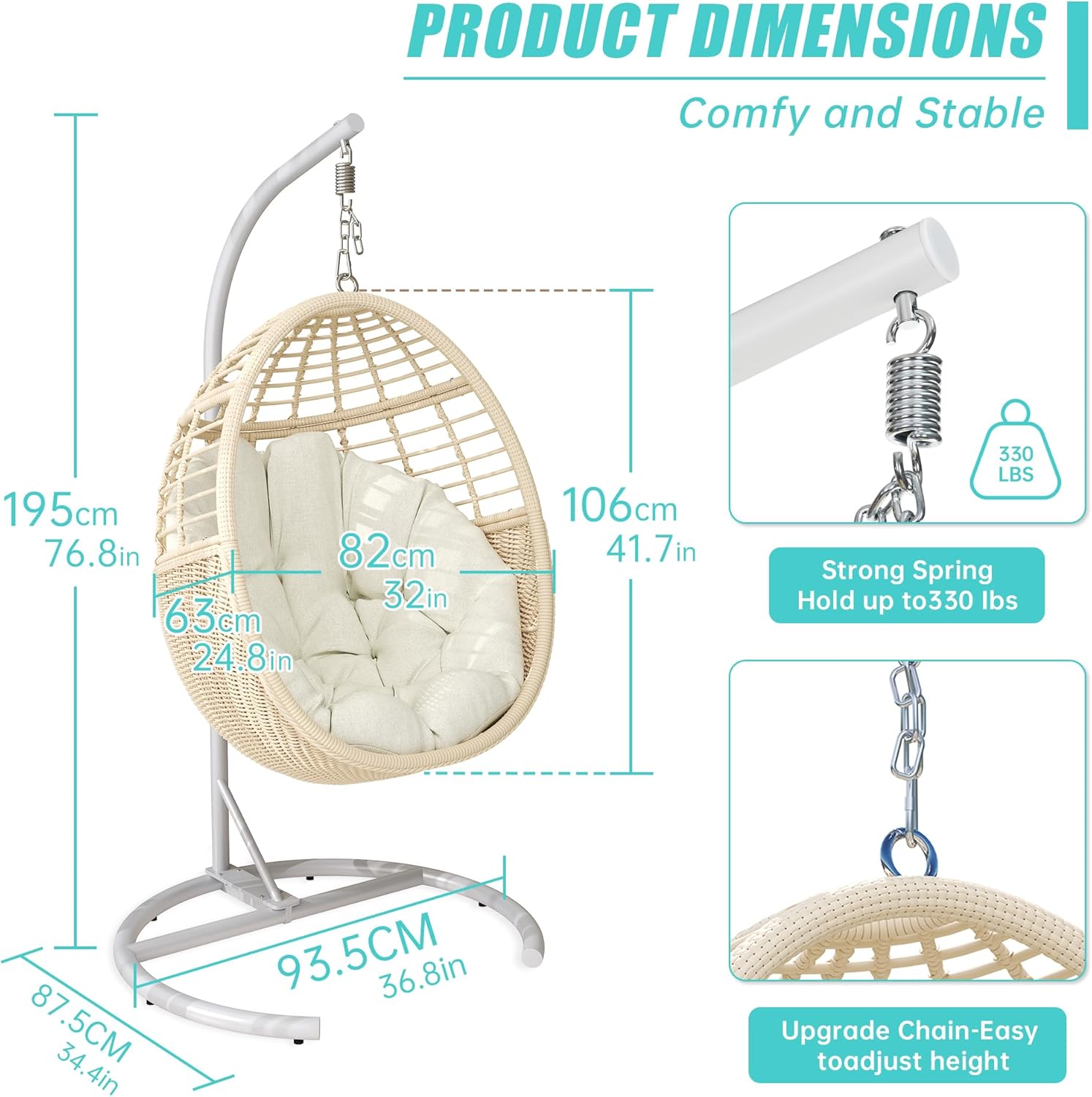 Korb Hängesessel mit Gestell: Wetterfestes Handgeflochtene PE-Rattan Schwebesessel mit Standfuß, Outdoor Indoor Schaukelstühle mit Polsterung für 150KG Terrasse Balkon Garten Schlafzimmer, Beige