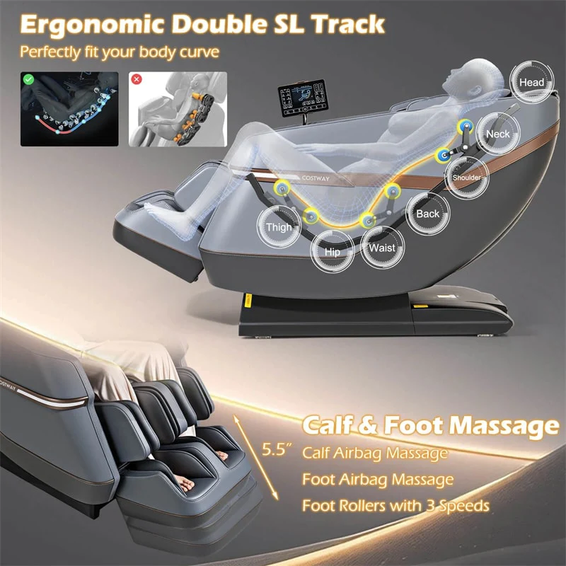 Full Body Zero Gravity Massage Chair, SL Track Massage Recliner with Airbags, Back & Waist Heater, Foot Rollers, Touch Screen, Auto Shoulder Scan