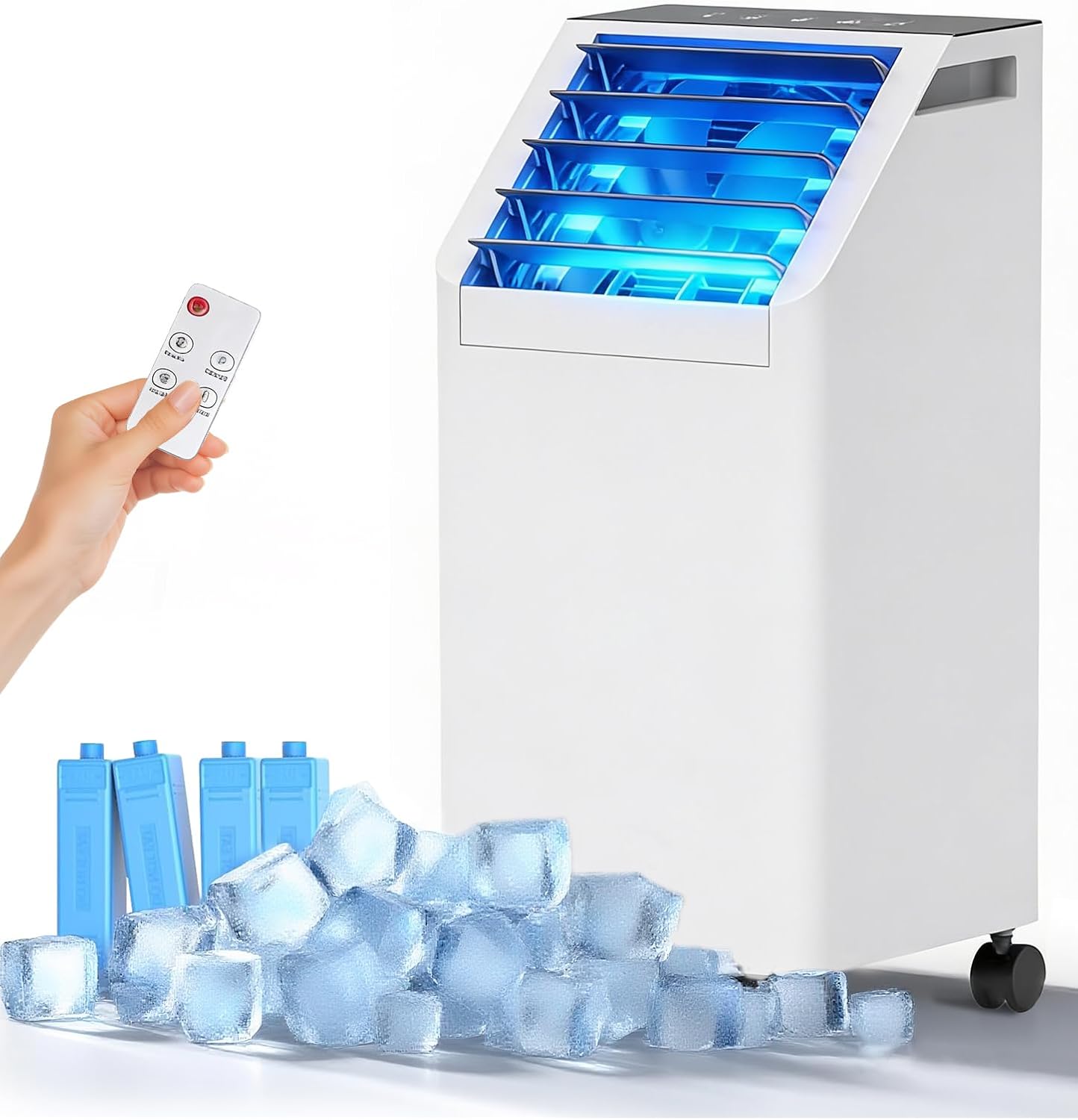 Portable Air Conditioner, 3 IN 1 Evaporative Air Cooler Fan with Remote, 3 Speeds, 90°Oscillation, 4L Tank, 4 Ice Packs, 7H Timer for Home Bedroom Office (White, 4L)