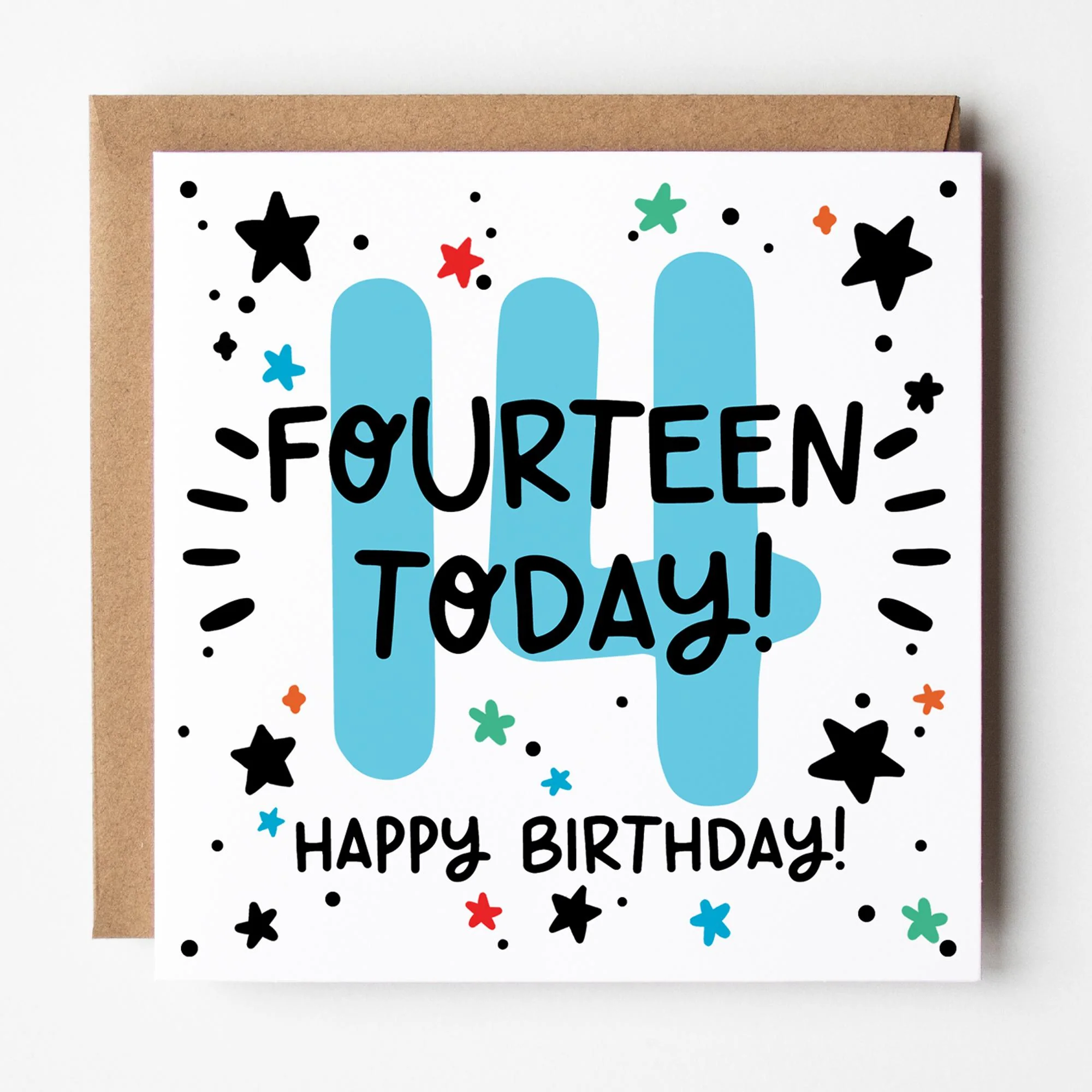 Happy 14th Birthday Card: Blue 14, Fourteen Today with Stars and Kraft Envelope