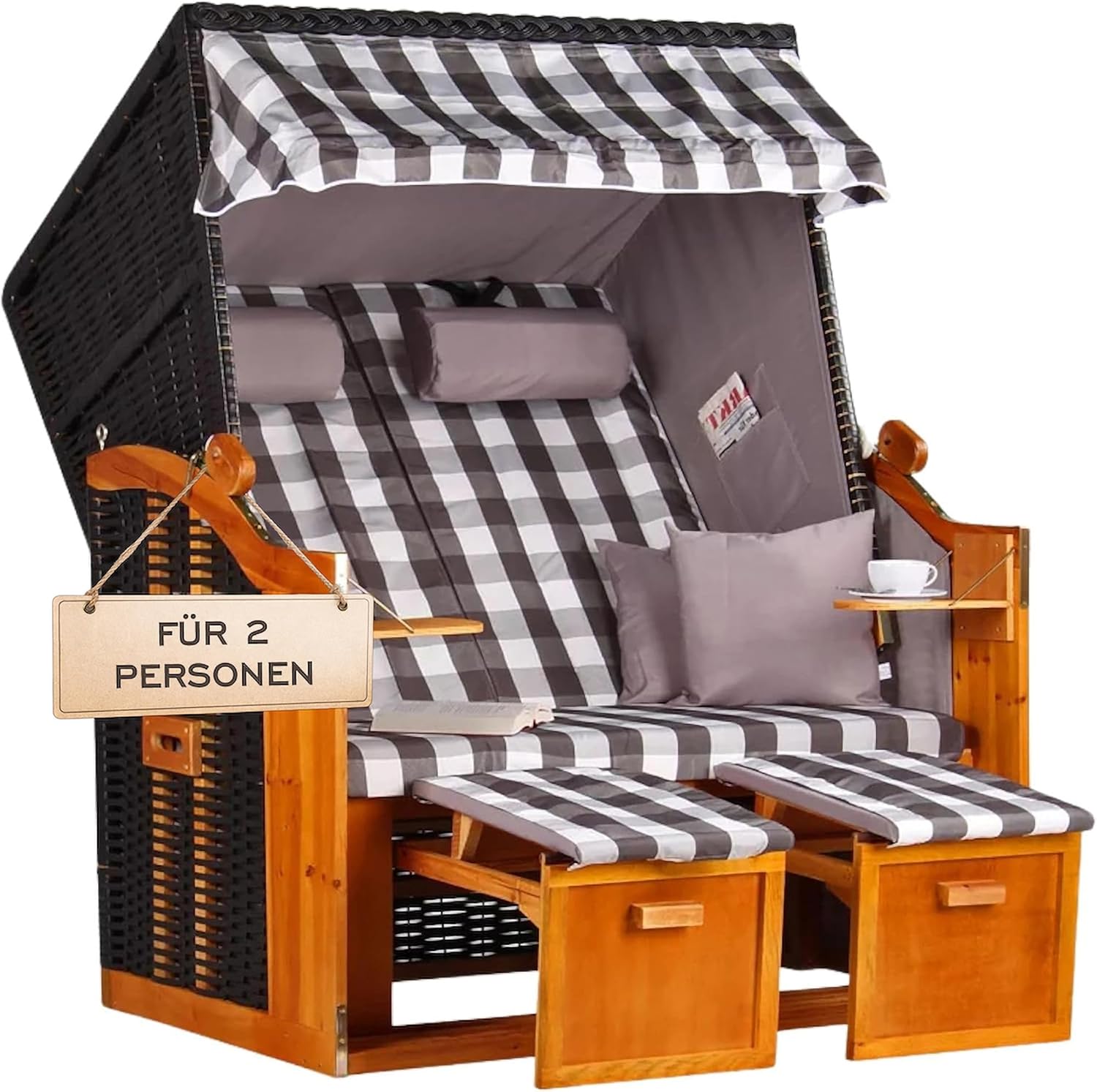 Strandkorb Ostsee Wacholder PE Schwarz | 2 Sitzer wetterfest | Volllieger Hartholz Zweisitzer | Roofed Wicker Beach Chair Garten | Strandkörbe Balkon | Strandstuhl (Dessin Grau Kariert)