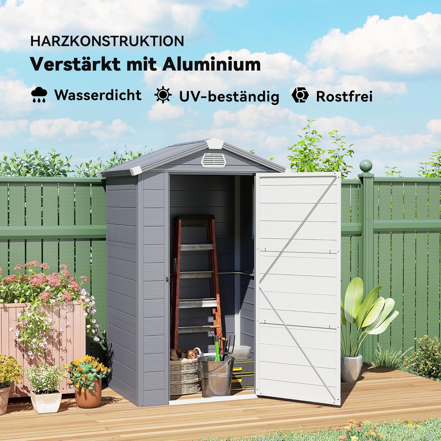 Outsunny Gerätehaus 1,1m², Geräteschuppen mit Satteldach, 133 x 102 x 208 cm, Kunststoff Gartenchuppen mit Abschließbar Tür Belüftungsöffnung Fenster Fundament, Gartenhaus für Garten Dunkelgrau