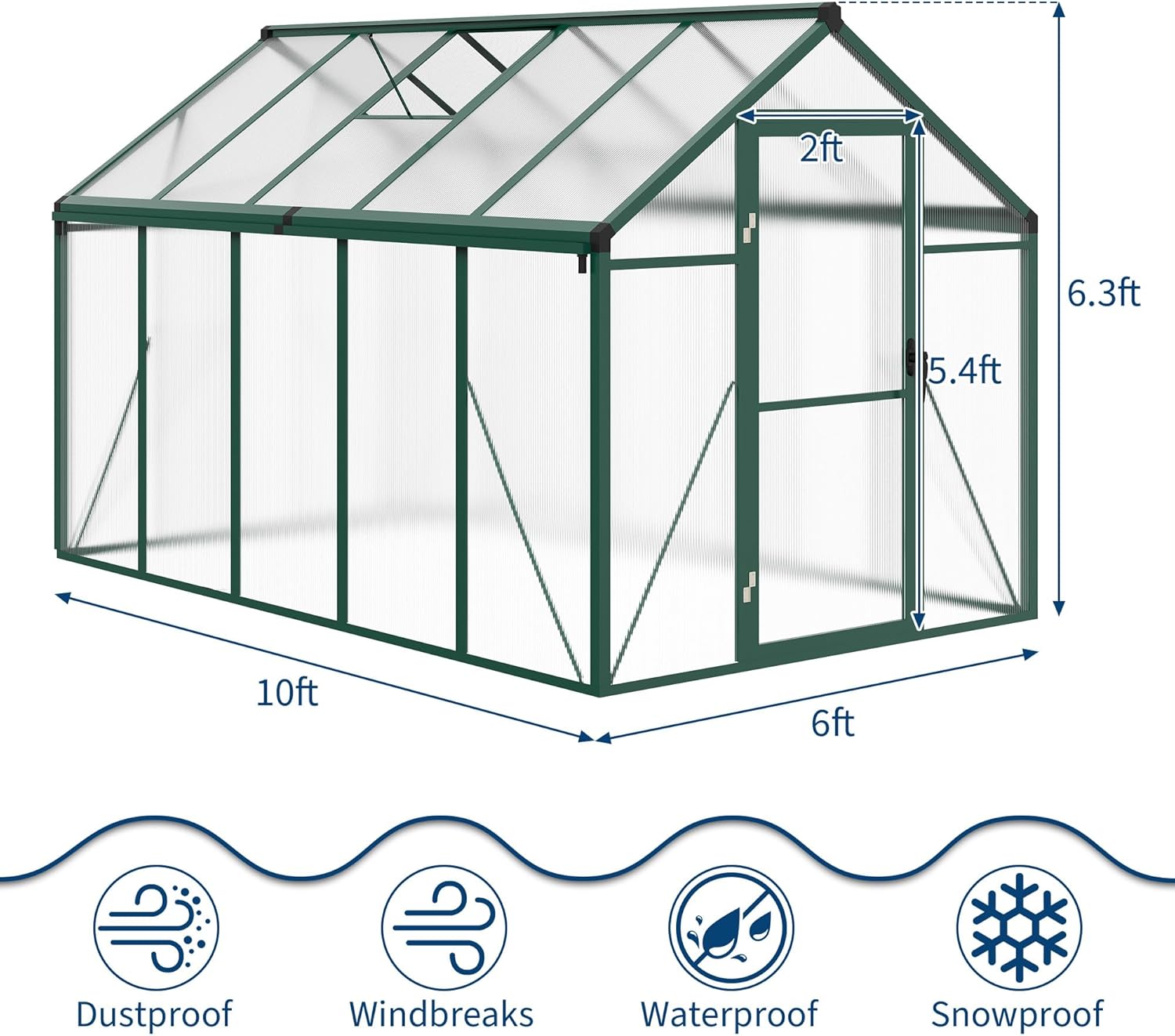 6x10 FT Greenhouse  Easy Assembly Aluminum Polycarbonate Greenhouses for Outdoors with Roof Vent and Ground Nails  Heavy Duty Aluminum Walk-in Greenhouse for Backyard  Sliding Lockable Door  Green