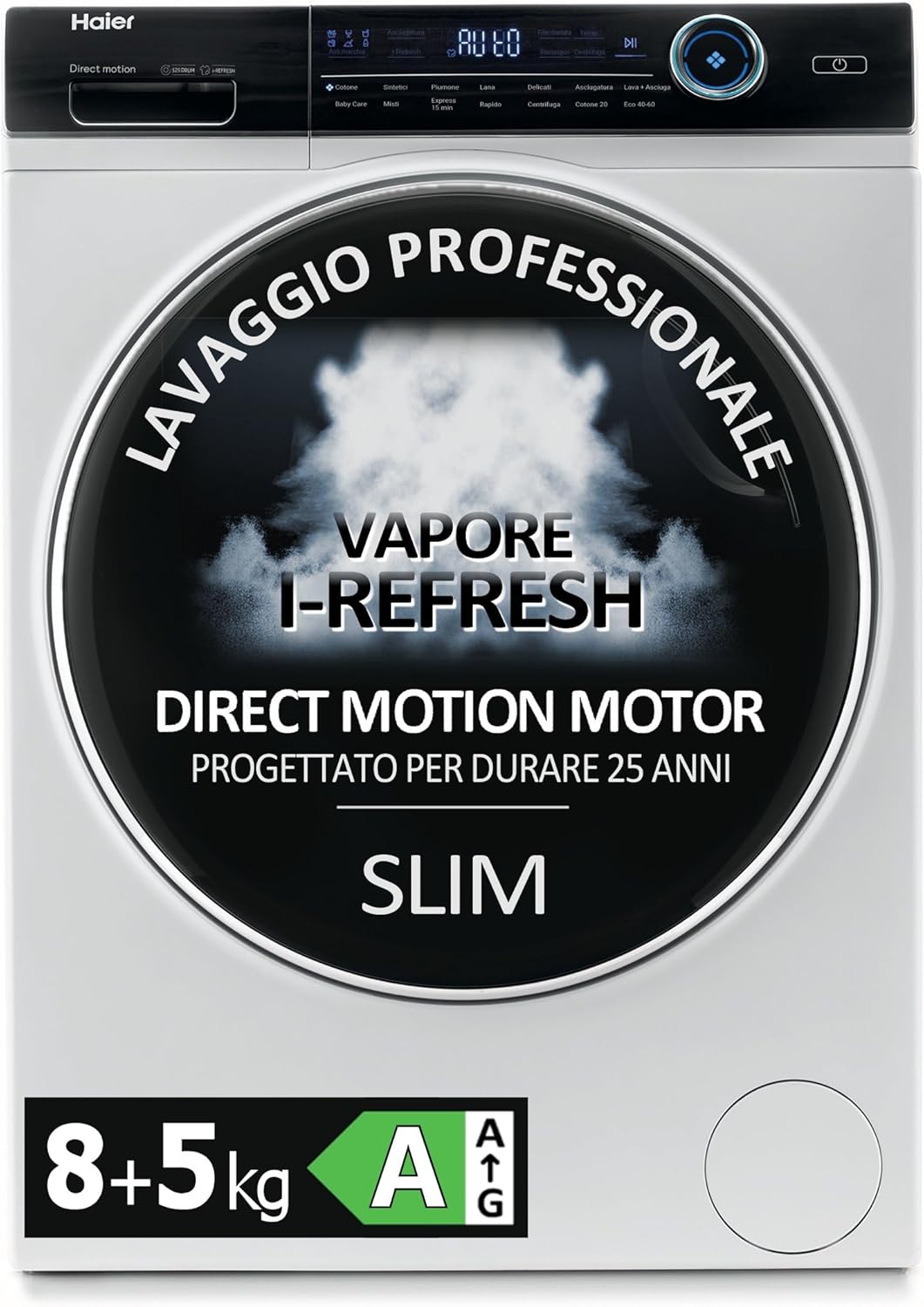 Haier I-Pro Serie 7 Lavasciuga Slim 8+5 Kg, Libera Installazione, Carica Frontale, 59,5 x 56 x 85 cm, 1400 Giri, Classe A/D, Trattamento Antibatterico, Rilevamento Carico, Bianca - HWD80-B14979