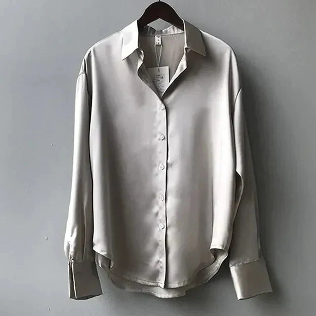 Women��s Satin Blouse Classic Button Down Elegant Design