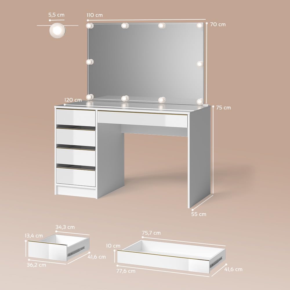 Livinity Schminktisch Imola, Weiß/Gold, 120 cm mit LED Beleuchtung