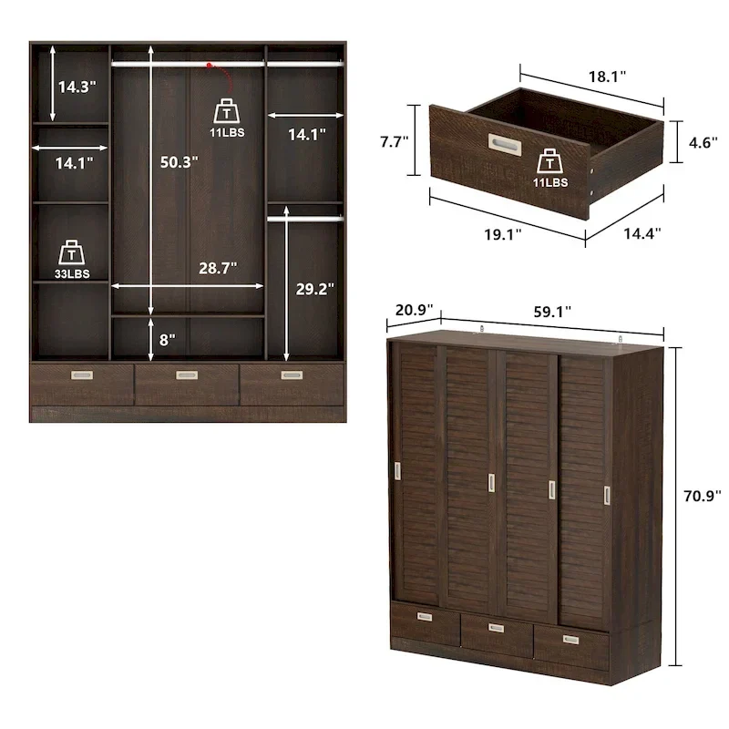 Closet Cabinet Wardrobe Armoire with Drawers, Hanging Rod Brown