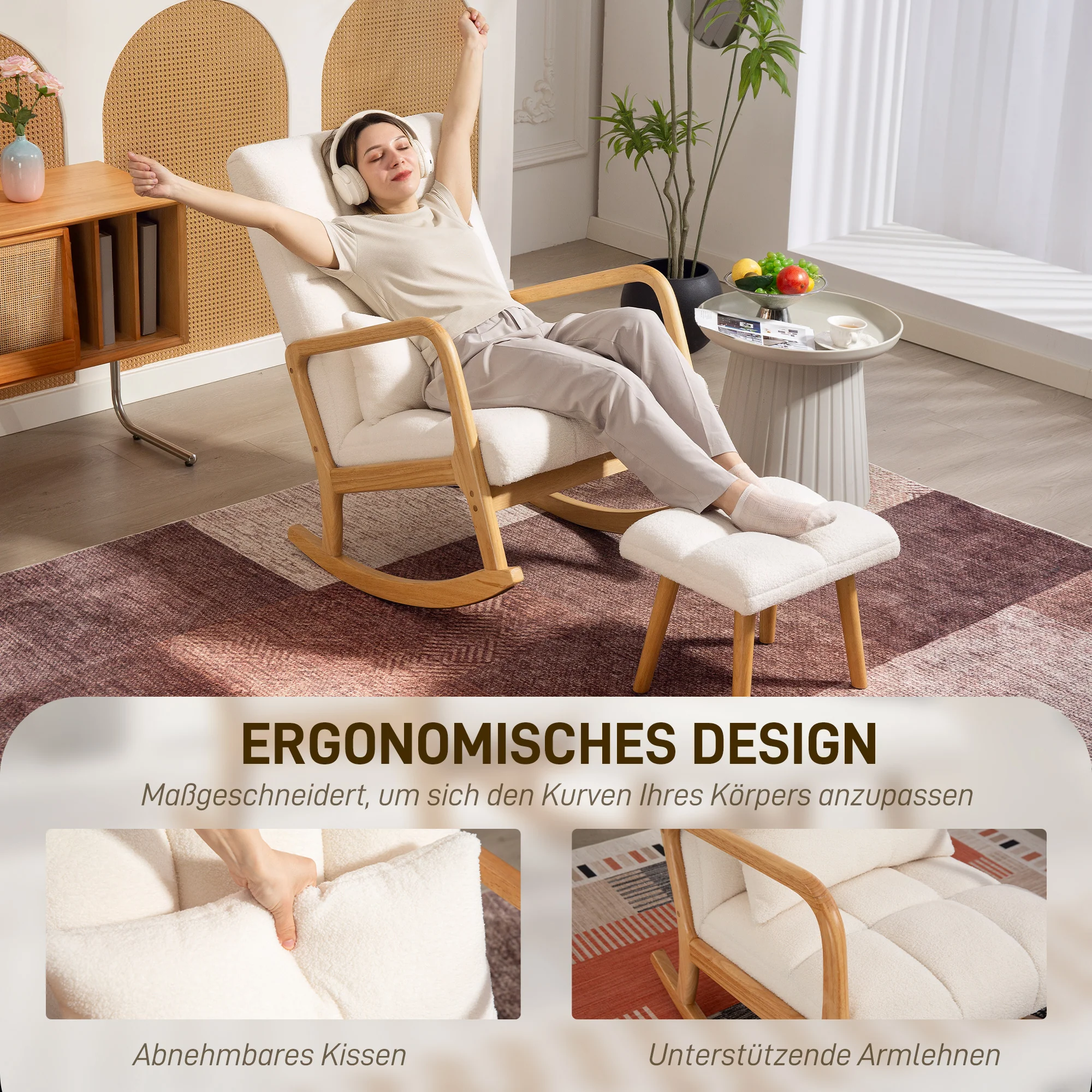 HOMCOM Schommelstoel met Voetensteun, Fleece-Bekleding, Hoge Rugleuning, Houten Poten, Voetpads, Wit
