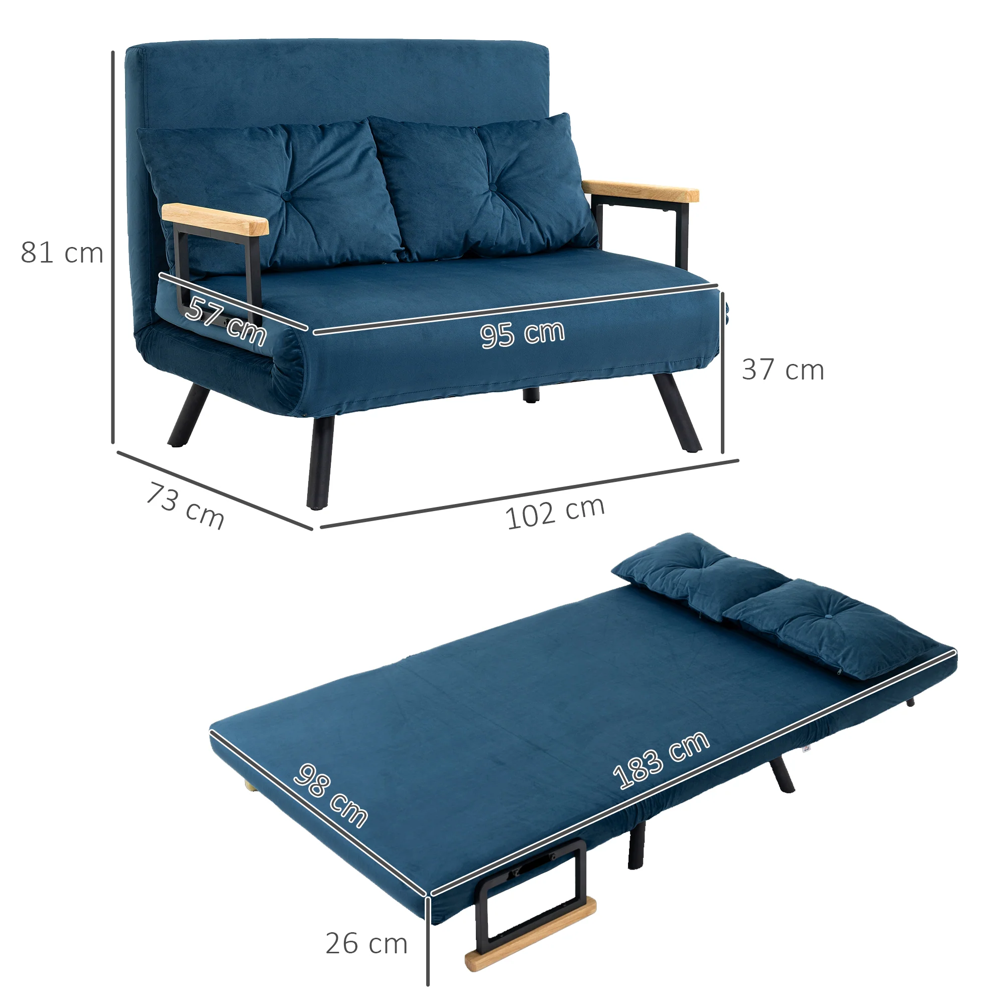 HOMCOM Slaapbank 2-zitsbank Fluweelbank, Slaapfunctie, incl. 2 Kussens, Fluweel Optiek, Natuur + Blauw