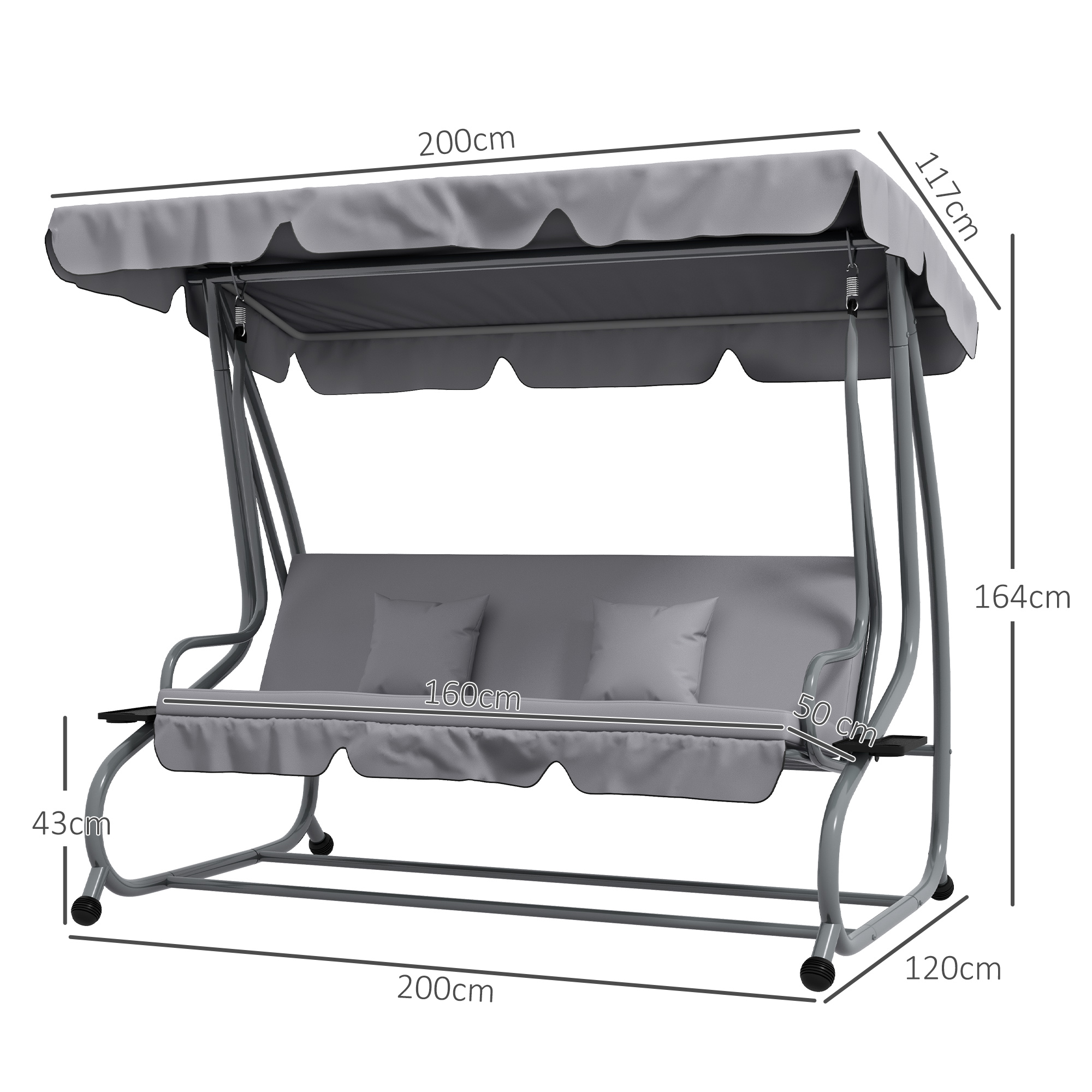 Outsunny 2-in-1 Hollywoodschommel met Ligfunctie, Verstelbaar Dak, tot 340 kg, Staal, 200x120x164 cm, Grijs