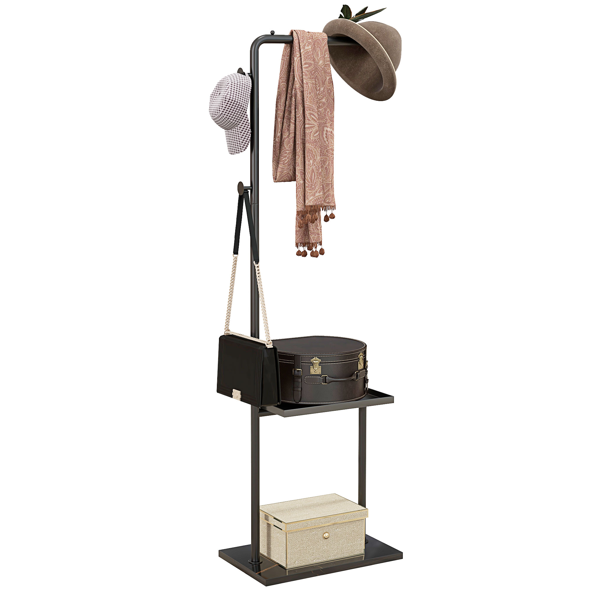 HOMCOM Kapstok met Kledingstang, 3 Haken, Opbergvak, Kunststeen Basis, Zwart