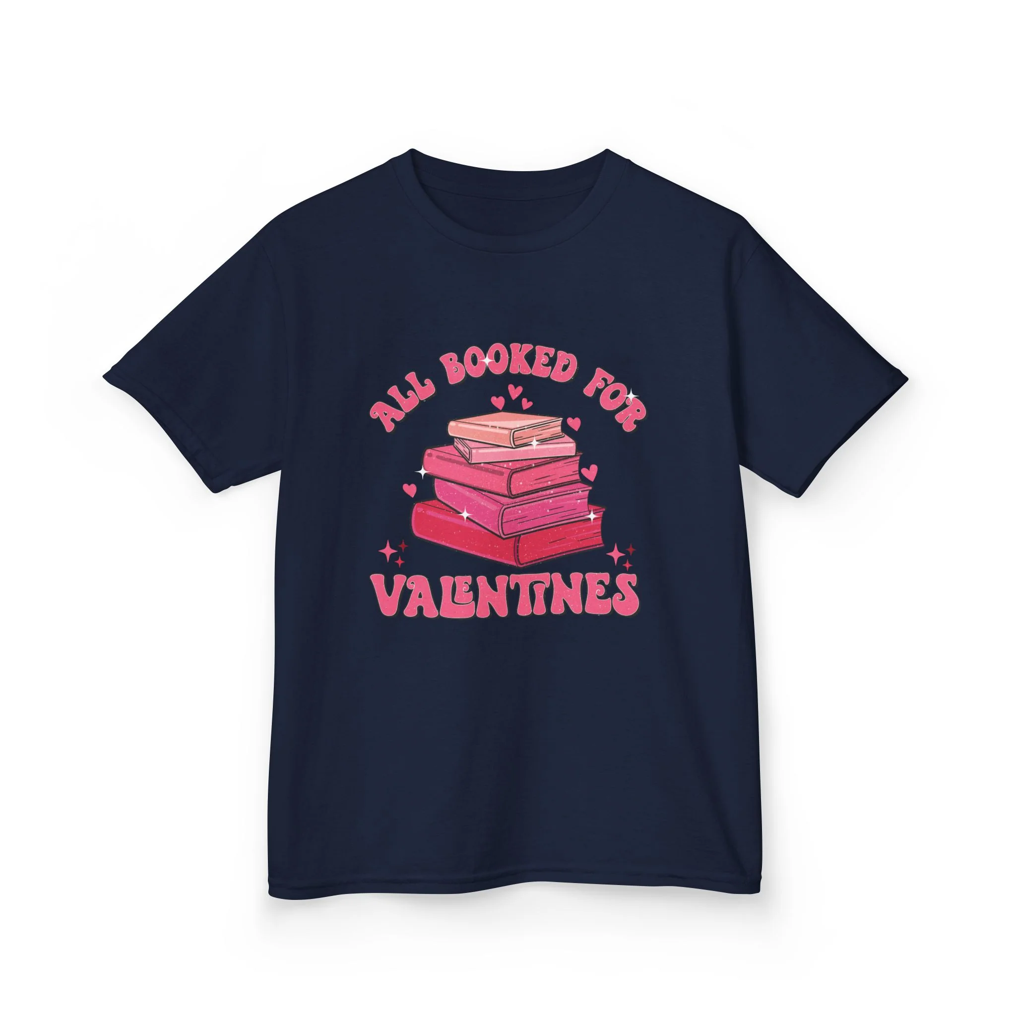 All Booked Up Valentines Kids Tee | Stack of Books, Pink Hearts